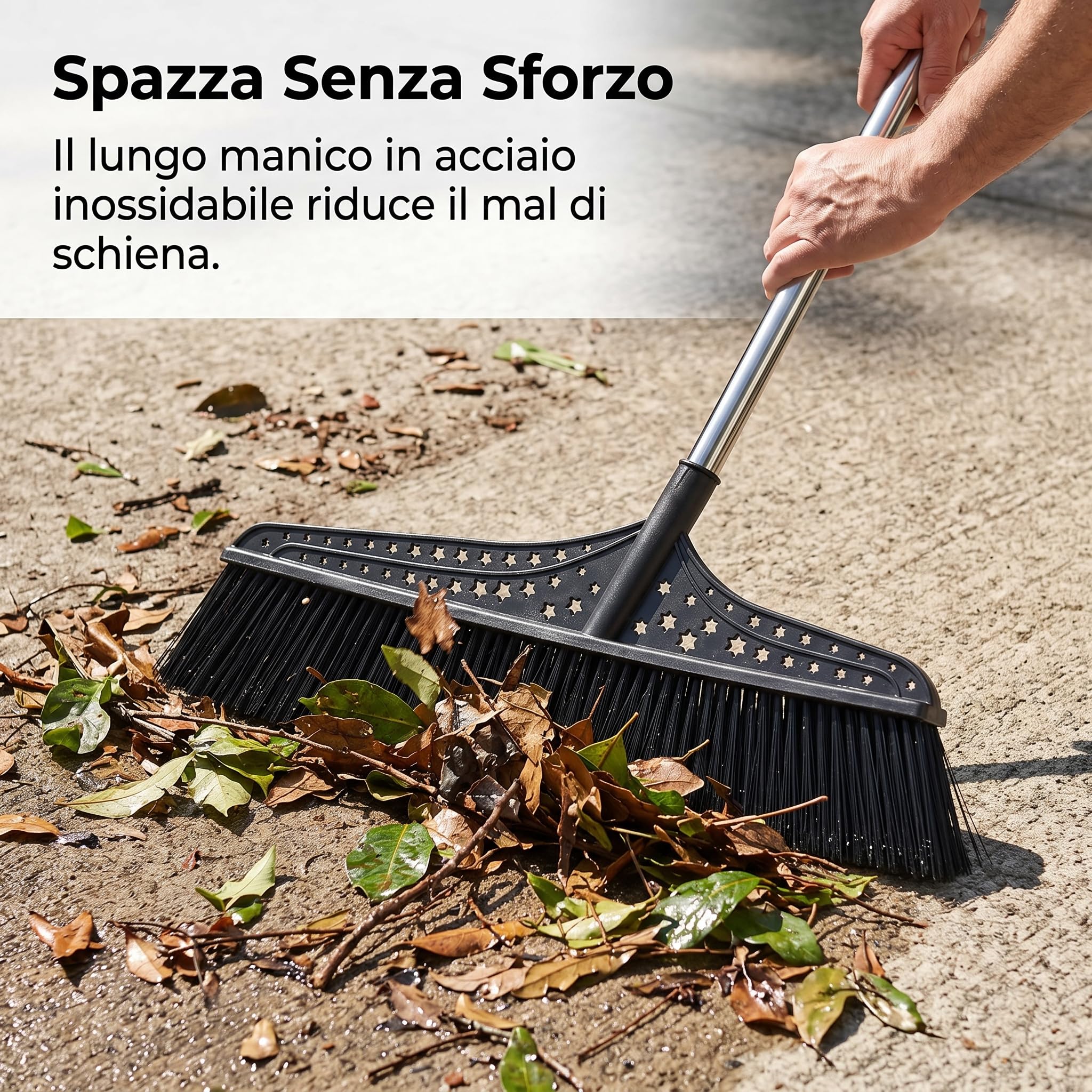 Scopa per Esterni Robusta con Setole Rigide a 5 File e Manico in Acciaio Inossidabile, per Cortili e Giardini, 70 cm