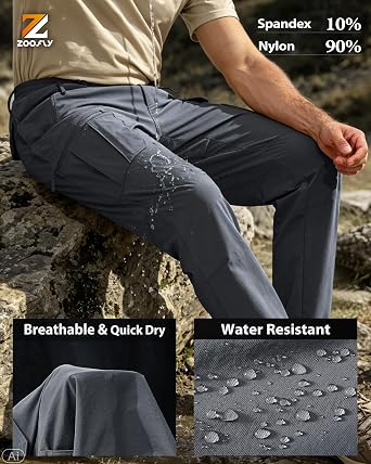 Zoofly Mens Hiking Pants Lightweight Stretch Cargo Pants Nylon Quick Dry Breathable Waterproof for Casual Travel 6 Pockets