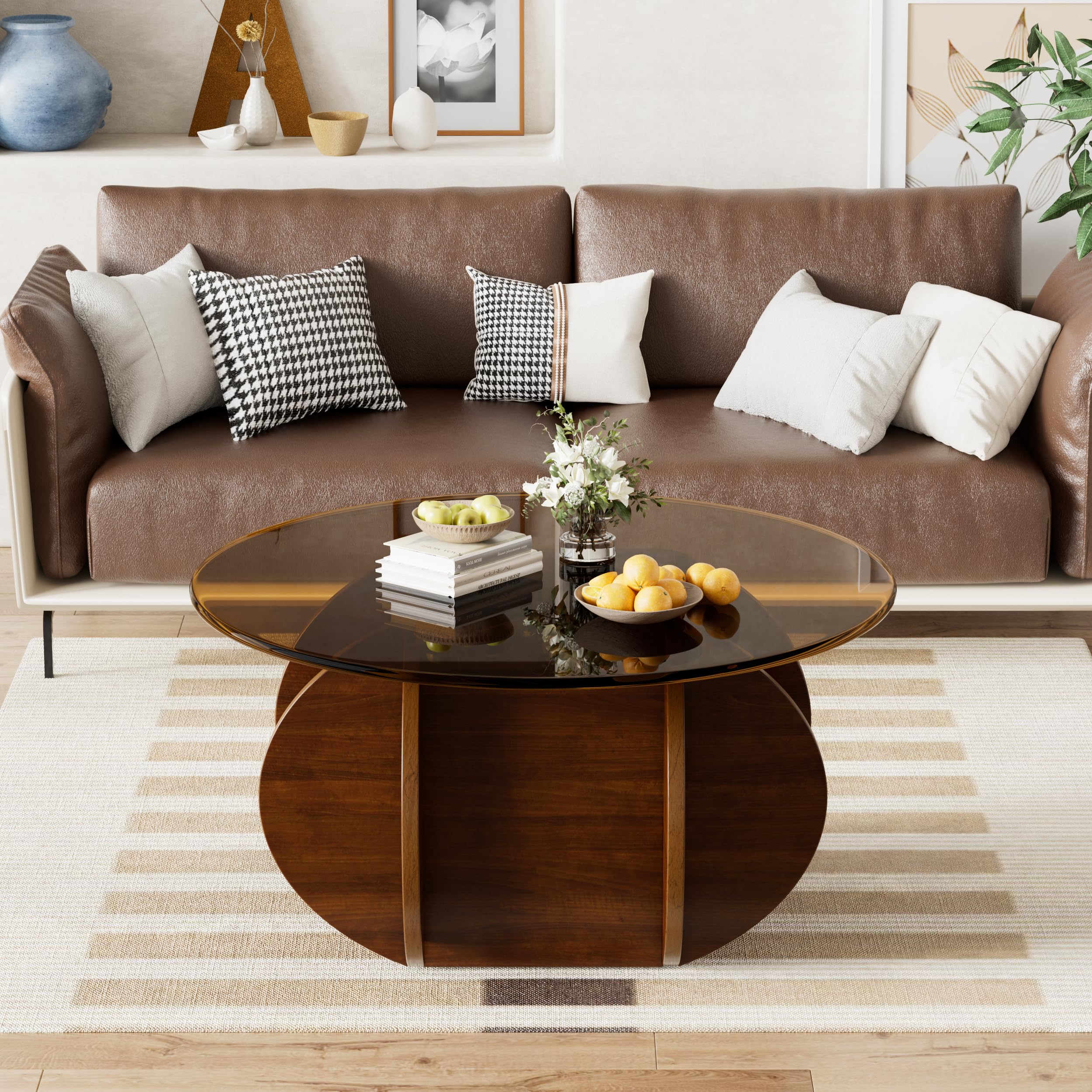 Mesa de Centro Redonda de Cristal Templado con Base De Madera Mesa de Salón Redonda Mesa Auxiliar Redond Mesa de Café de Salón Minimalista Mesita Baja Sofá para Salón Dormitorio Oficina Ø60cm * 40cmH