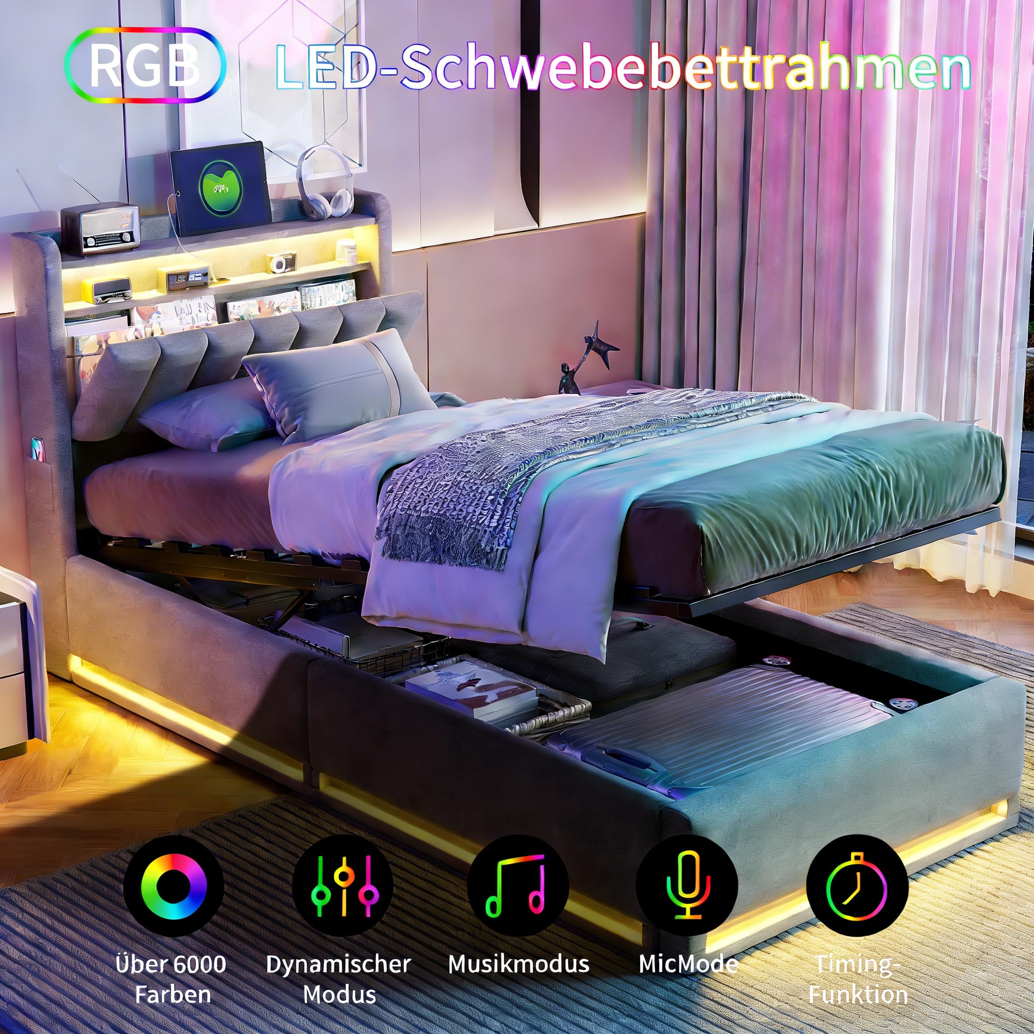 Łóżko tapicerowane 90 x 200 cm, hydrauliczne łóżko do przechowywania ze skrzynią na pościel, łóżko młodzieżowe z diodami LED i USB, pojedyncze łóżko ze schowkiem, łóżko kontynentalne, stelaż