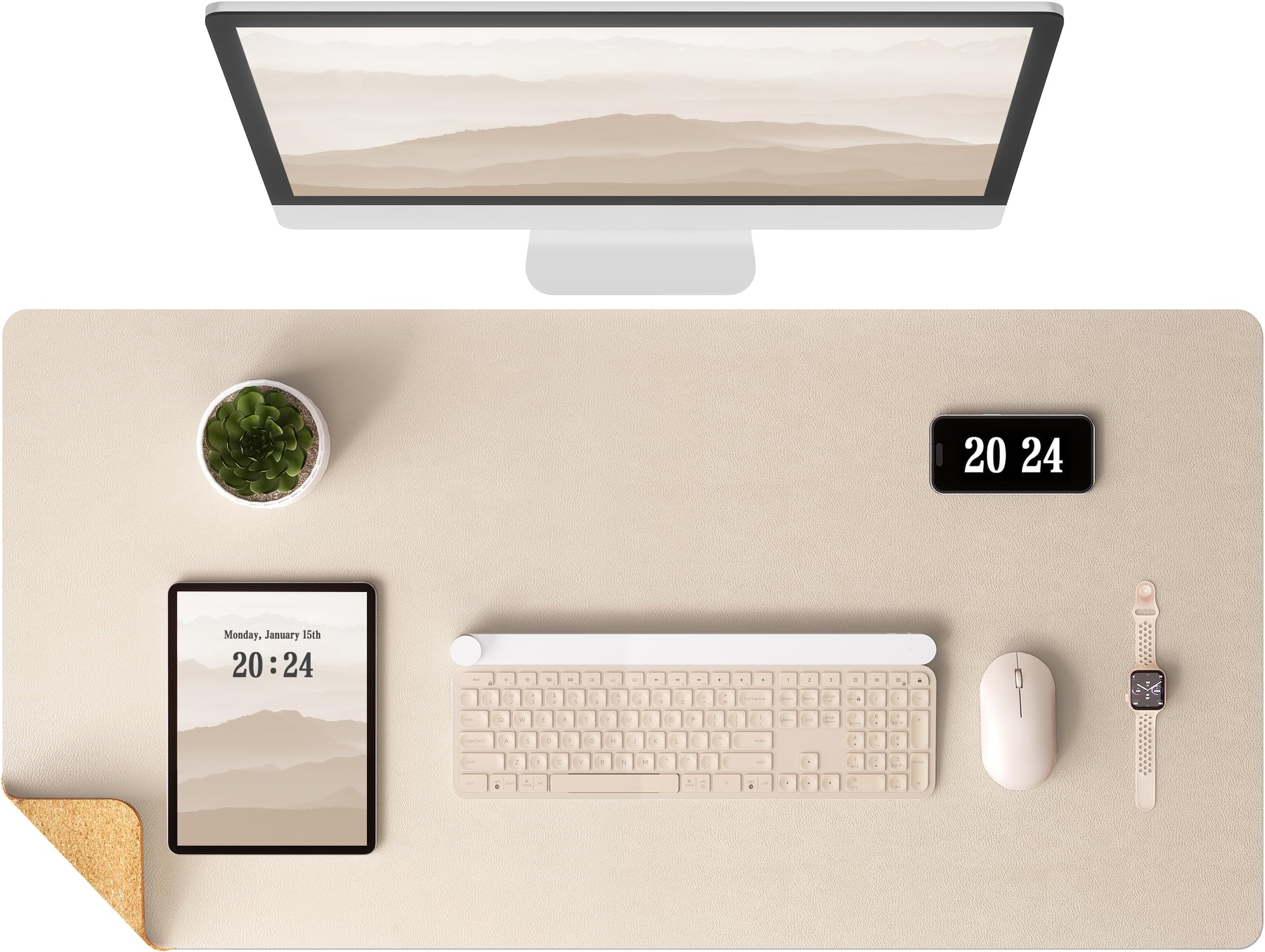 Aothia Dual-Sided Desk Mat - Natural Cork & Leather Desk Protector, Large Mouse Pad & Writing Pad for Office/Home, Beige (37.8"x17")