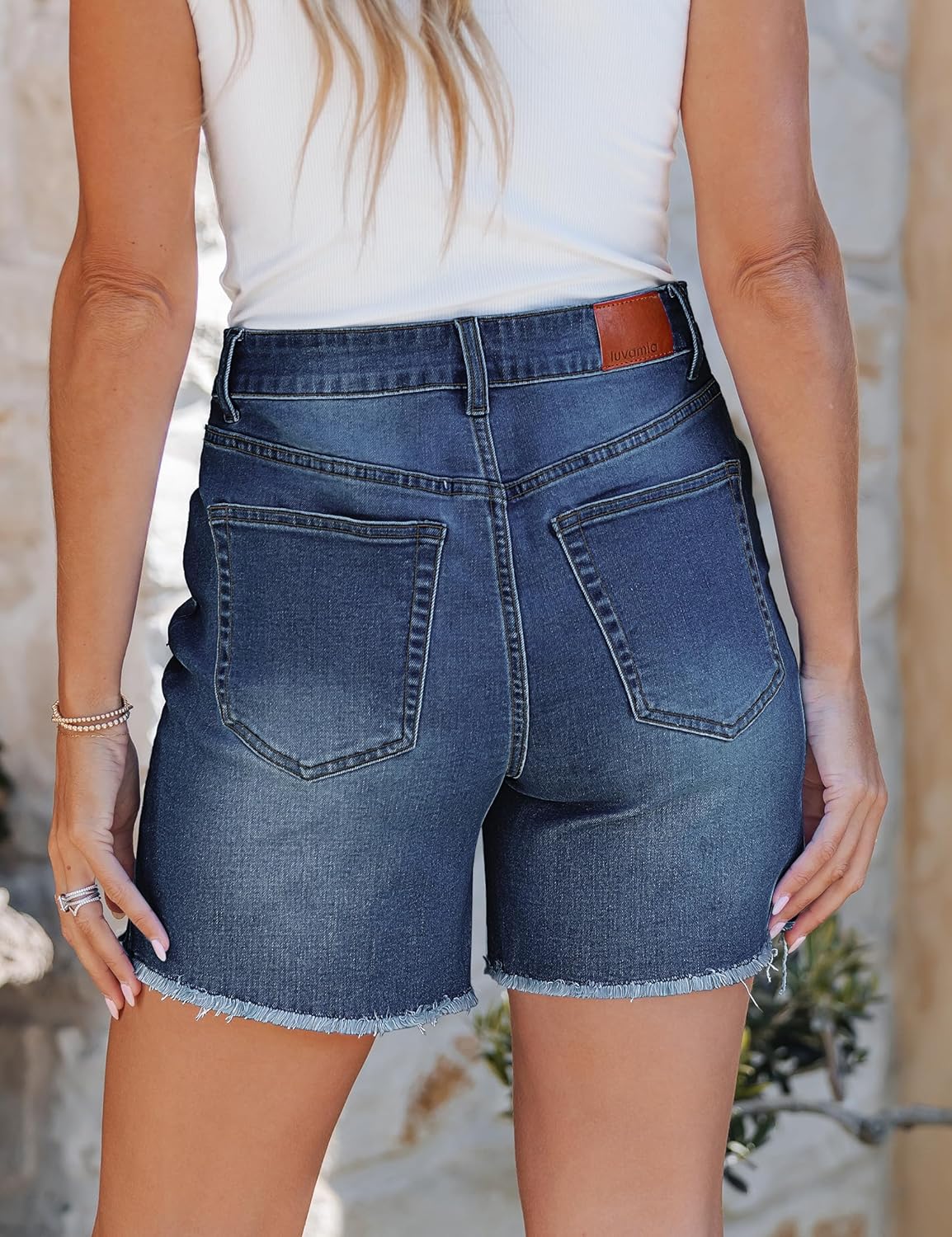 luvamia FleXclusive Jean Shorts for Women Trendy High Waisted Stretchy Denim Summer Raw Hem Mom Long Shorts Cutoff Jorts - Image 2