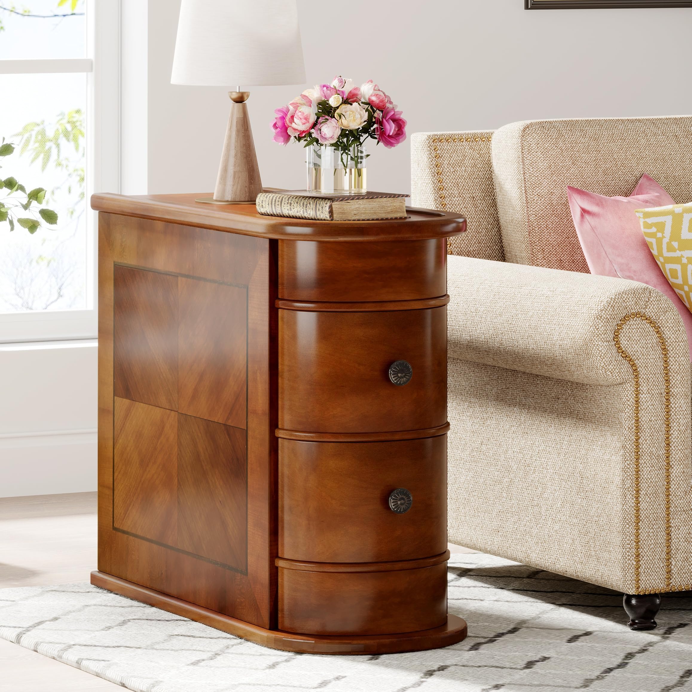 Wood End Table with 2 Drawers, No Assembly Required Narrow Sofa Side Table for Living Room, Vintage Slim Nightstand Bedside Table for Bedroom (2 Drawers, Brown, 1Pc)