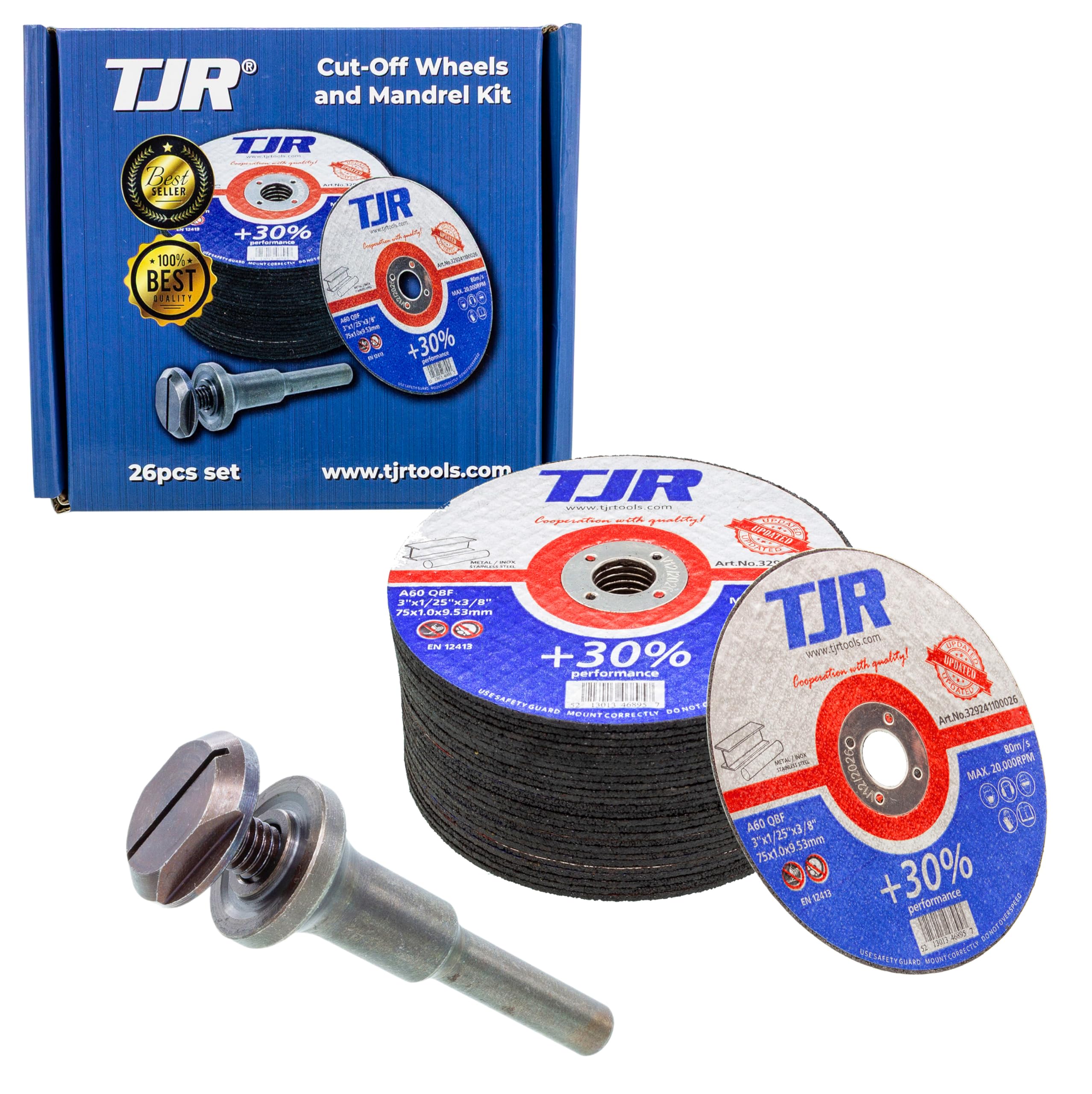 TJR© Kit de disques de coupe et mandrin pour meuleuse droite - Comprend 1 mandrin de 6 x 9,53 mm et 25 disques minces de 75 mm x 1 mm, A60 QBF, 9,53 mm AH