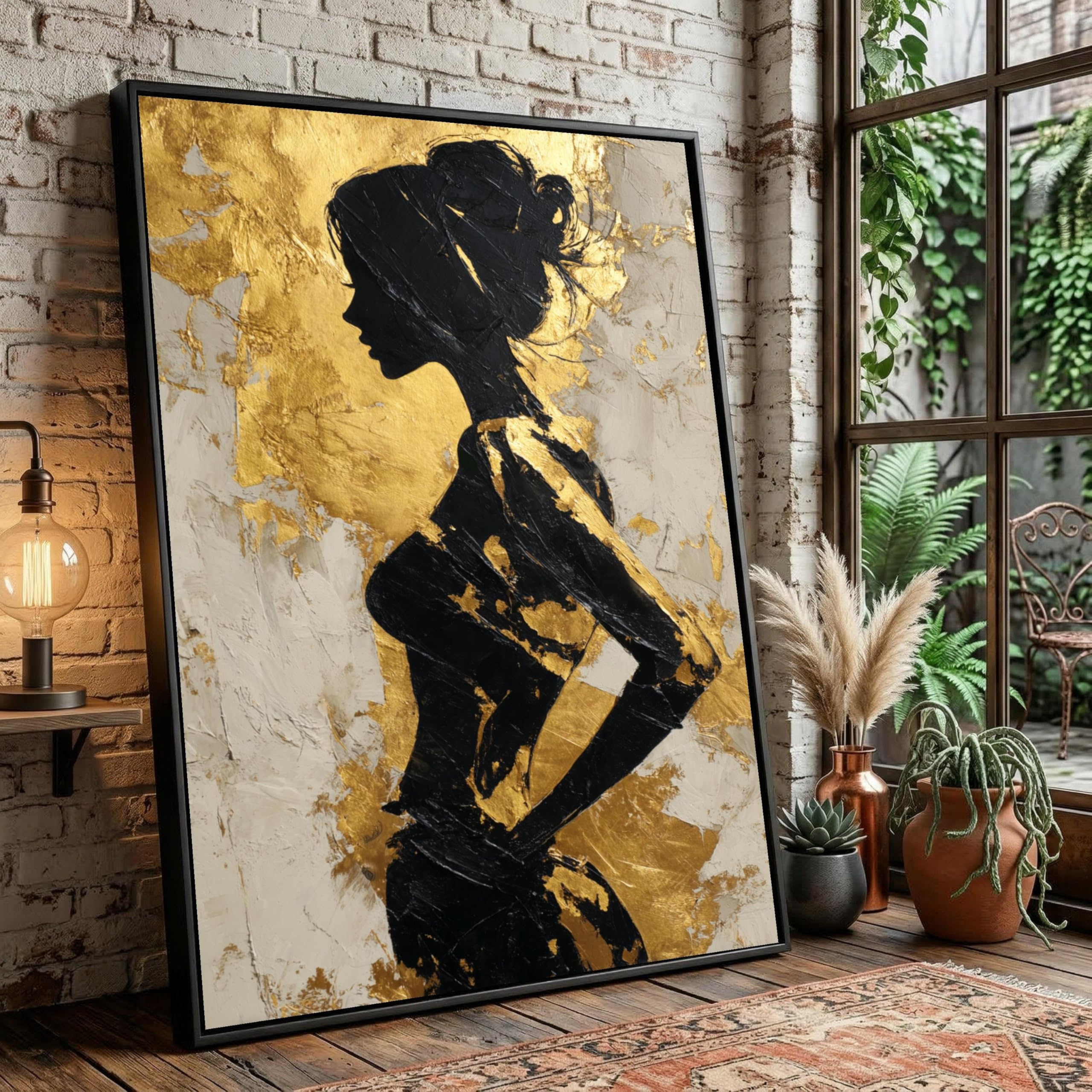 CAOXTART Elegant Female Silhouette Canvas Wall Art, Black and Gold Woman Profile Oil Painting, Abstract Home Decor Design(70x100cm/Frameless)
