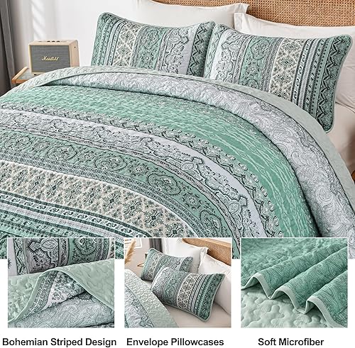 Vista 119 de WONGS BEDDING Juego de edredón bohemio tamaño Queen Aqua, juego de colcha de 3 piezas a rayas, de microfibra ligera y suave bohemia para todas
