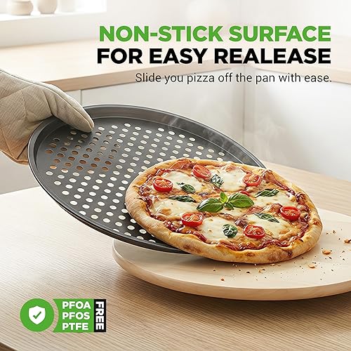 Vista 4 de NutriChef Sartén antiadherente para pizza de 12.8 pulgadas para horno, bandeja para hornear pizza de acero al carbono con agujeros de flujo de aire