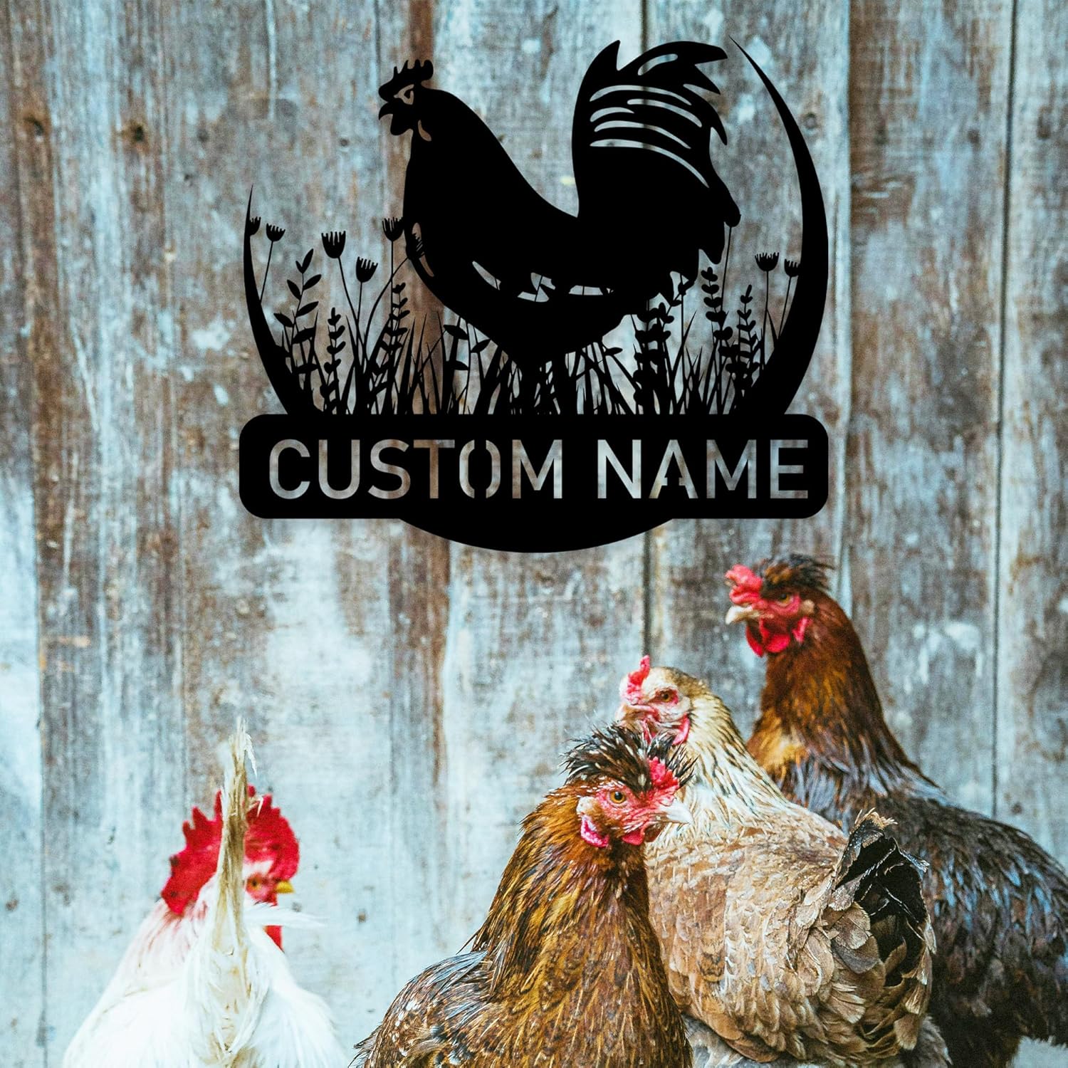 Personalized Metal Chicken Coop Name Sign, Custom Chicken Decor with Flowers, Unique Design Metal Chicken Sign, Garden Large Outdoor Sign, Farmhouse Decoration, Yard Sign, Hen House Decor Plaque