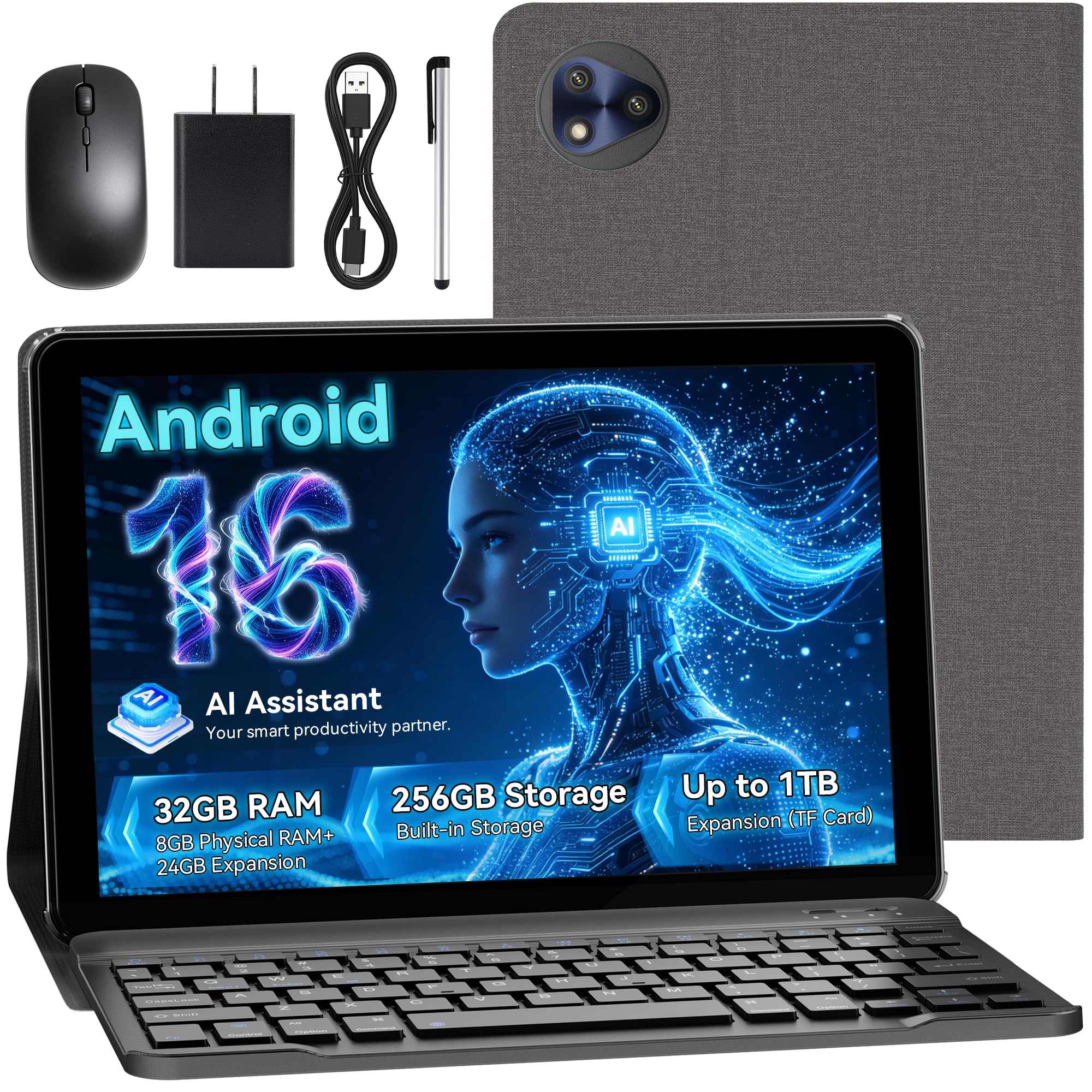 2026 Android 16 Tablet with Keyboard, 10.1 Inch AI Tablet, 32GB RAM, 256GB