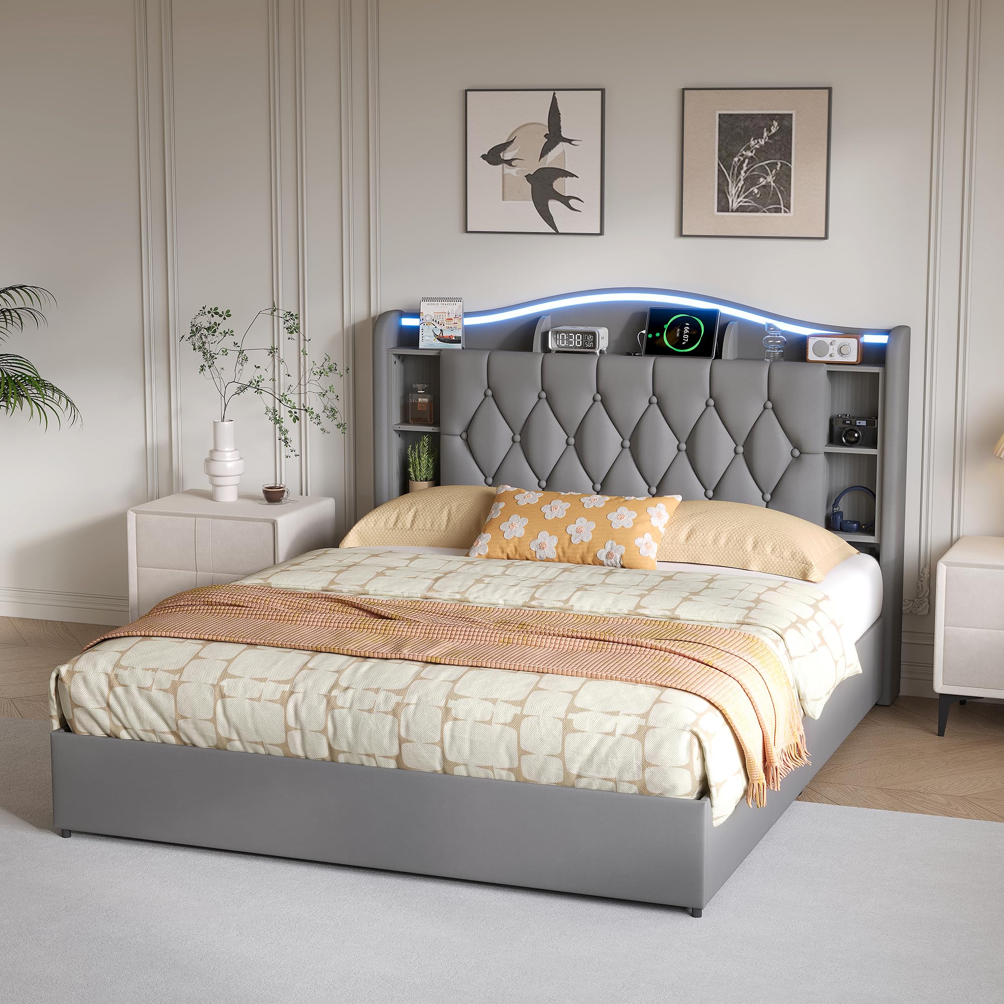 BEIJIALY Boxspringbett 140x200,Hydraulisch Stauraumbett 140×200cm Polsterbett Doppelbett mit Stauraum,Funktionsbett Bettgestell mit Lattenrost,Jugendbett Samt,Grau,Ohne Matratze