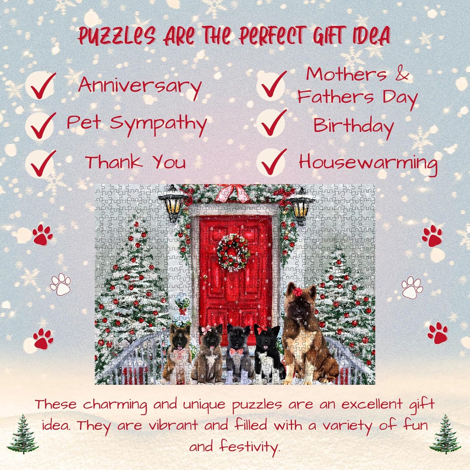 Christmas Holiday Welcome American Akita Dogs Jigsaw Puzzle for Adults - Animal Printed Interlocking Puzzle Game Artwork - Gift for Dog Lover's - 1000 Pcs 20"x30"