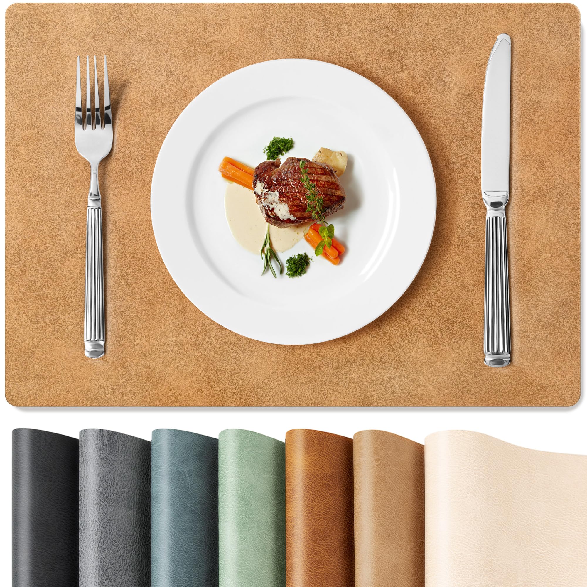 Faux Leather Placemats Set of 6 - Vinyl Placemats Wipeable Waterproof Oil-Proof PU Place Mats Heat Resistant Reversible Table Mats for Dining, Kitchen, Indoor, Outdoor, 12 x 17 Inch (Camel)