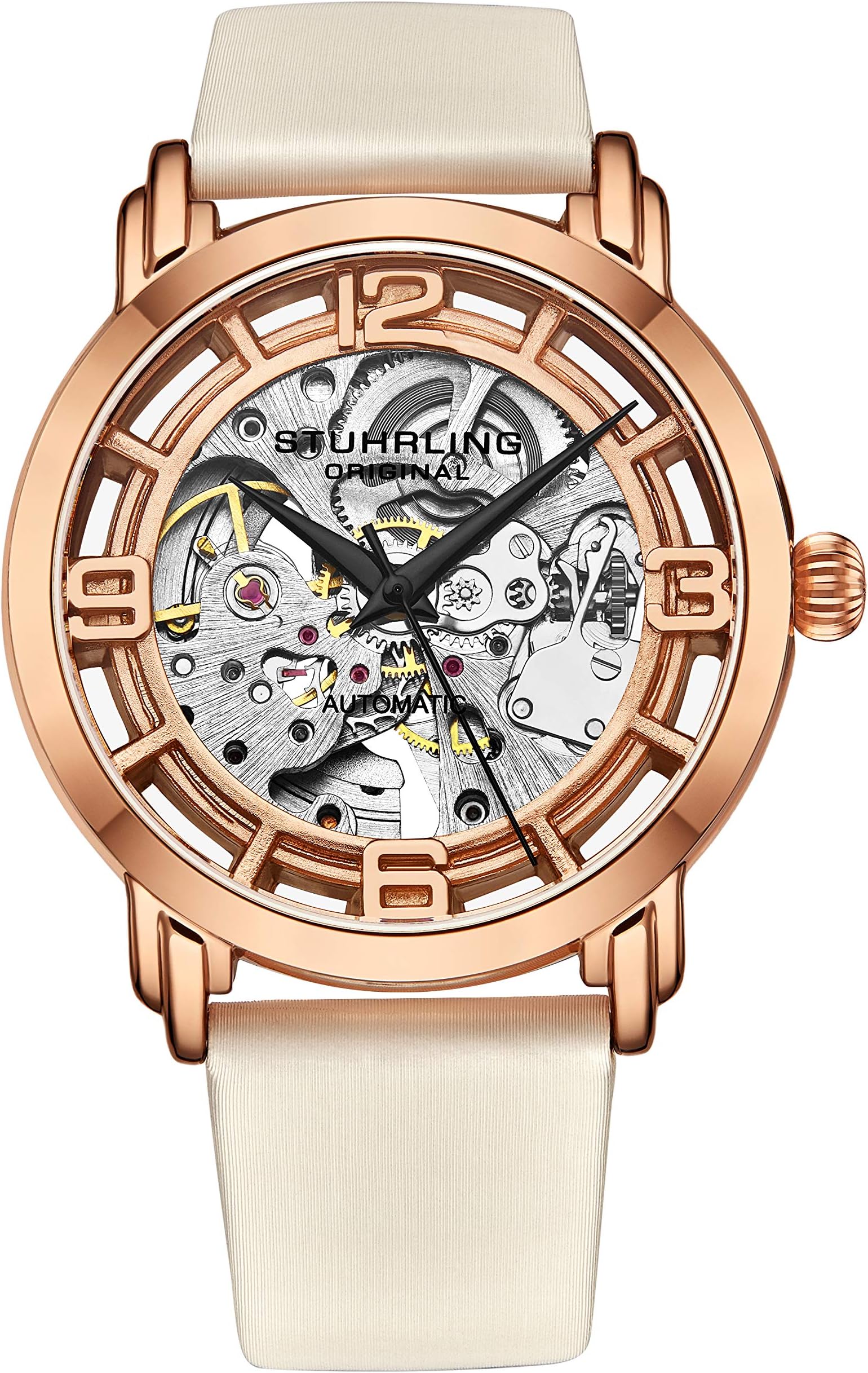 Stuhrling Original Watches for Women Automatic Watch - Skeleton Watches for Women - Self Winding Womens Dress Watch with Rose Gold Face and White Leather Watch Band Mechanical Wrist Watch for Woman