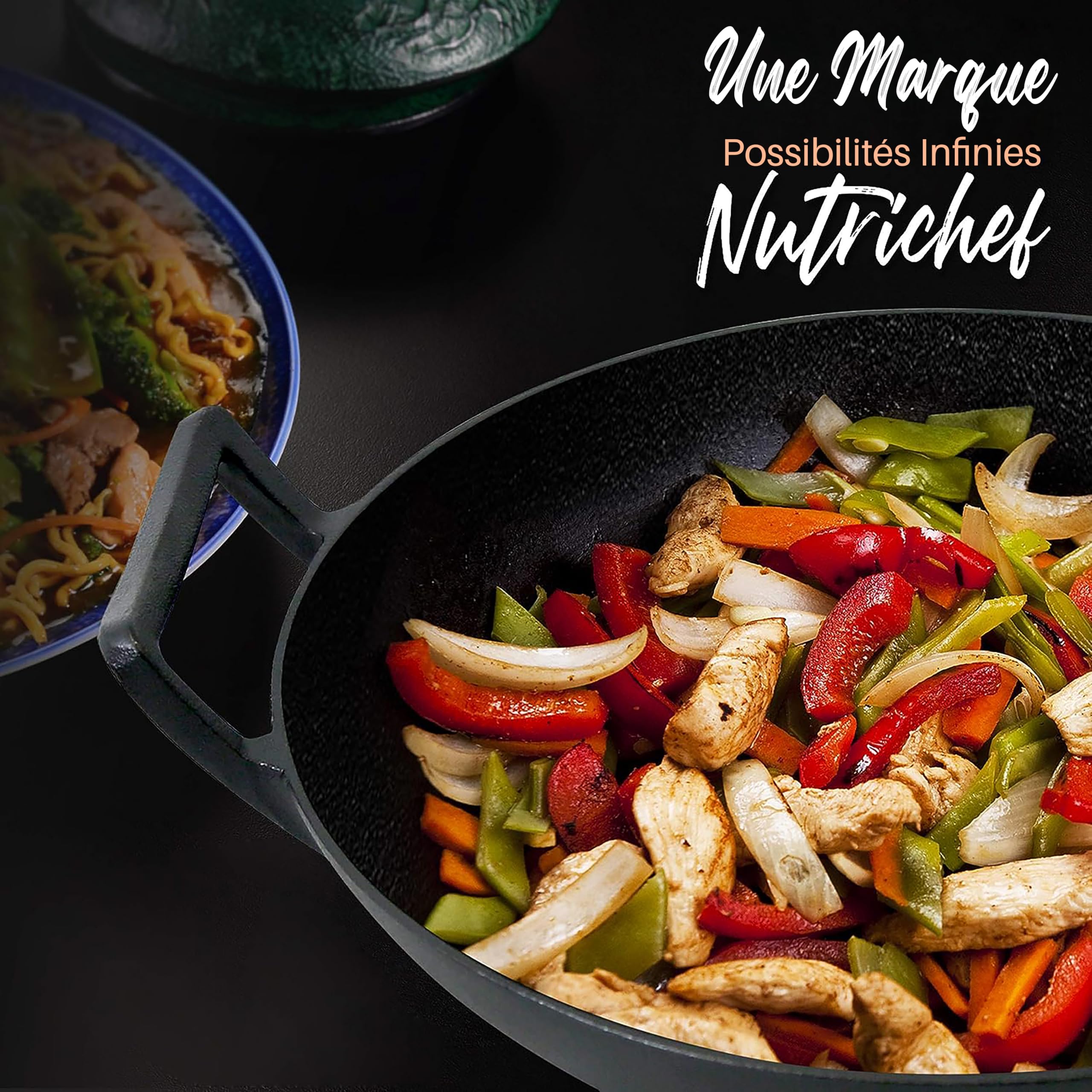 NutriChef Wok en Fonte-Pré-assaisonnée de 5,5 L - Poêle - Couvercle en Bois - Compatible avec Plaques de Cuisson Électriques et Induction - Grande Taille, Black