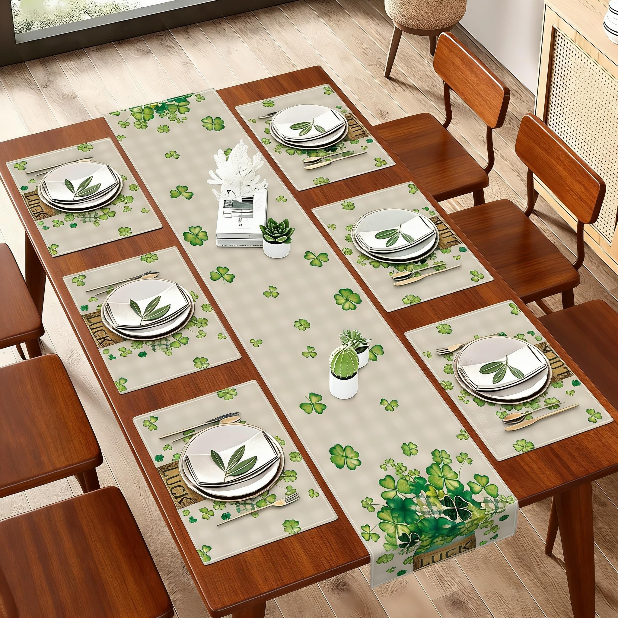 St Patrick's Day Decorations Table Runner and Placemats Set of 7 (Seats 6) - Lucky Shamrock Clover Irish Dining Table Decor - Rustic Buffalo Plaid Saint Patty's Day Home Kitchen Party Supplies