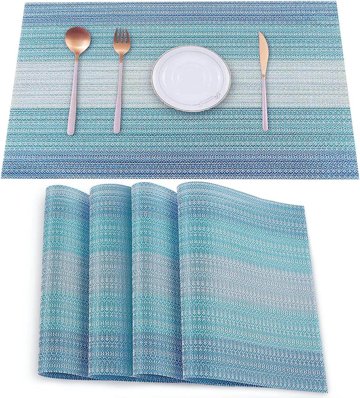HeloHo Placemats Set for Dining Table Washable Woven Vinyl Placemat Heat Resistant Table Mats 4Pcs Blue
