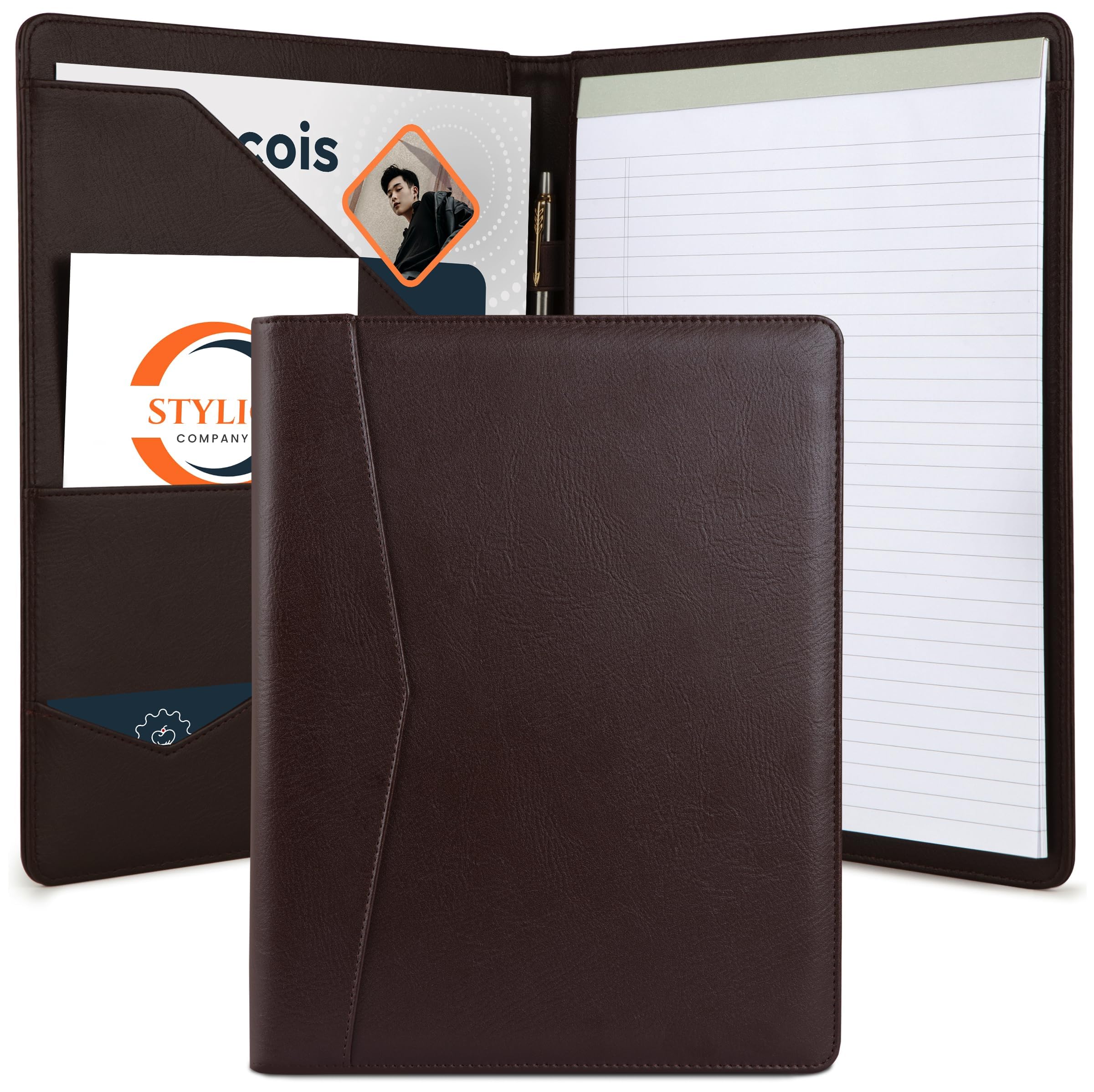 STYLIO Padfolio Portfolio Organizer Binder (Walnut Color) | Interview Resume Folder, Document, Business Card Holder |w/Letter-Sized Notepad | Handsome Brown Faux Leather Folio Matte Finish