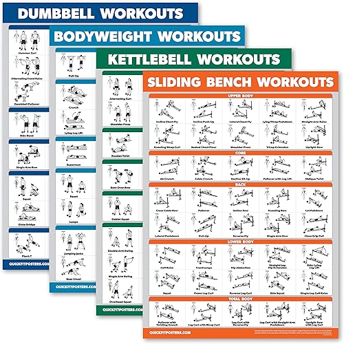 Palace Learning Paquete de 4 mancuernas + peso corporal + pesas rusas - Banco deslizante - Juego de 4 tablas laminadas (18 x 24 pies)