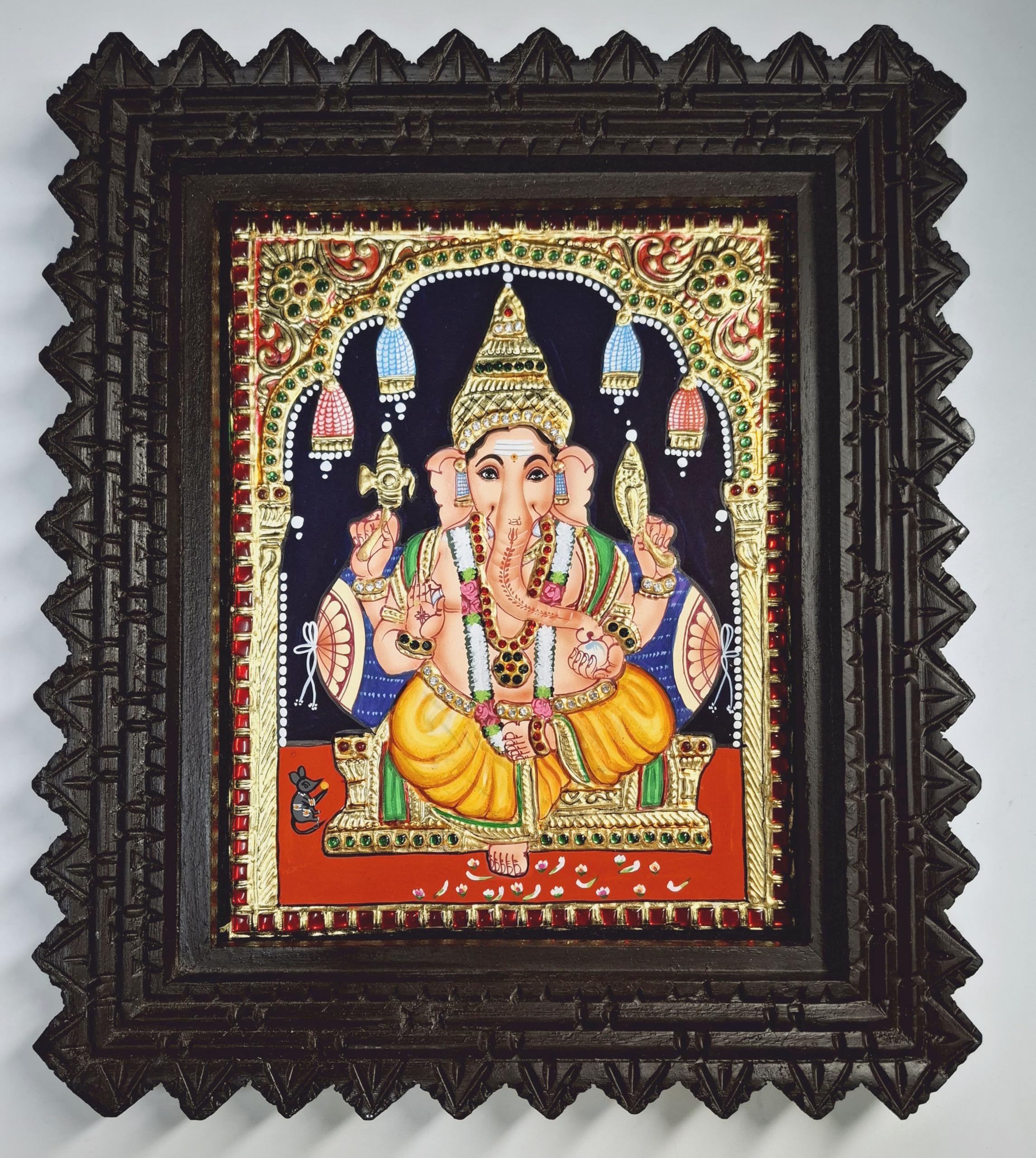 JLine Arts Ganesha Tanjore Painting 13x11 | 22C Gold, AD Stones & Unbreakable Teakwood Frame