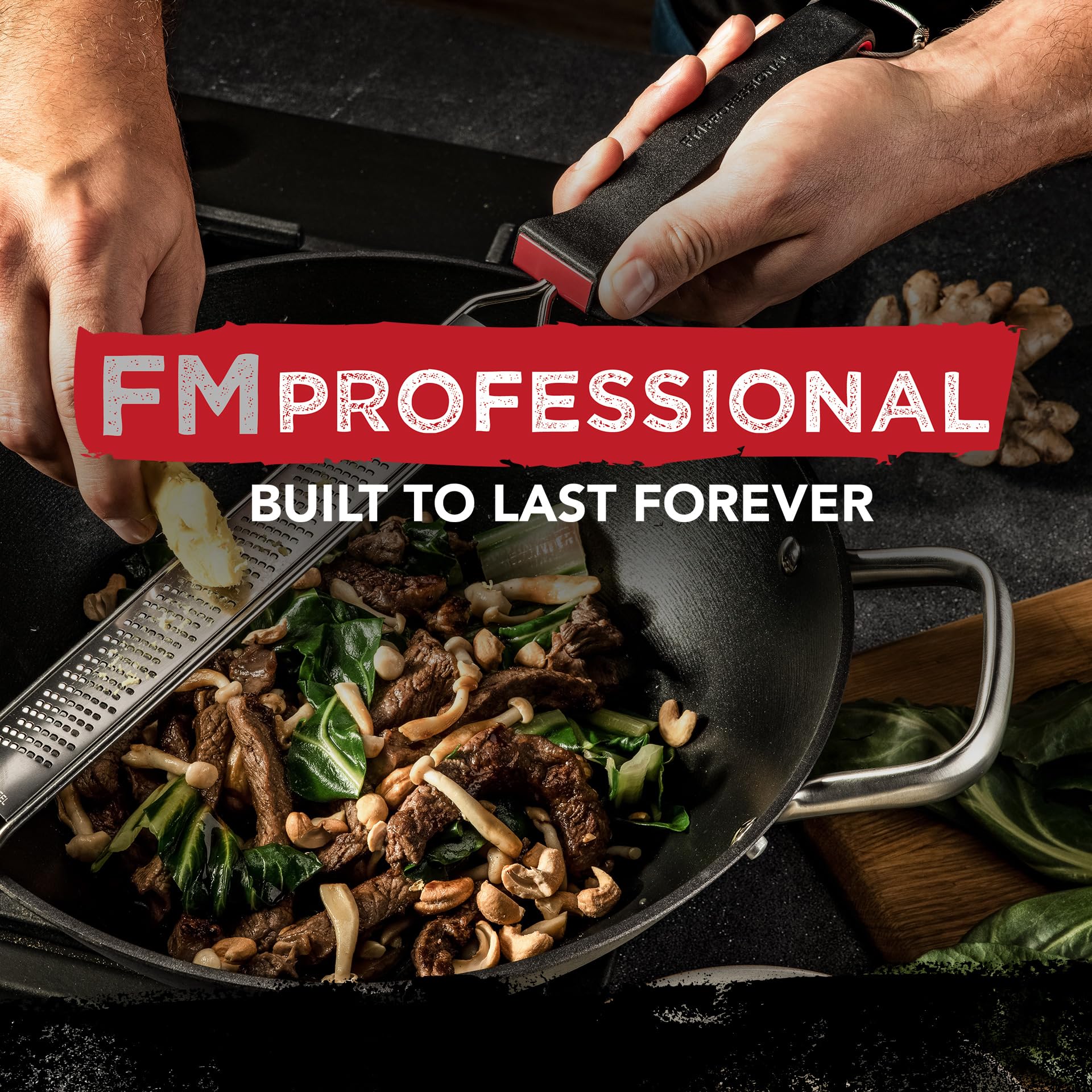 FMProfessional Force Wok aus Gusseisen 32 cm – Wokpfanne mit hochwertiger Antihaftbeschichtung – Geeignet für alle Herdarten (auch Induktion) – ca. 33 x 42,8 x 12 cm