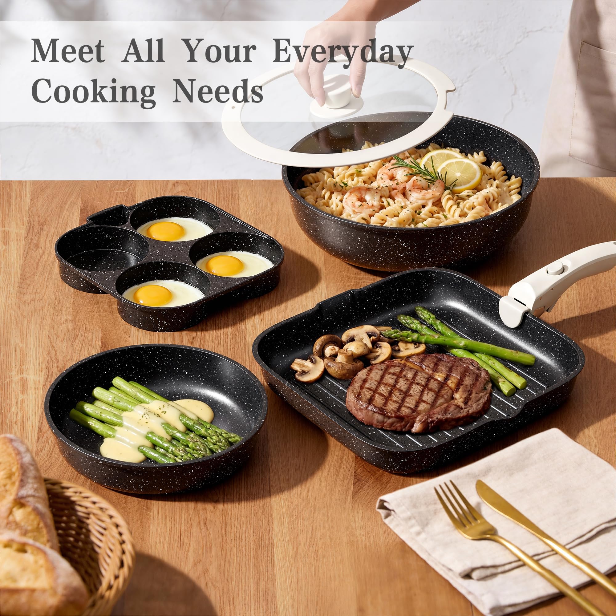 RIOVARM Induzione Set di pentole e padelle con manici staccabili, Antiaderente Padelle grill, Impilabile Casseruole con coperchi, Padella per omelette Senza PFOA, per tutti i tipi di fornelli
