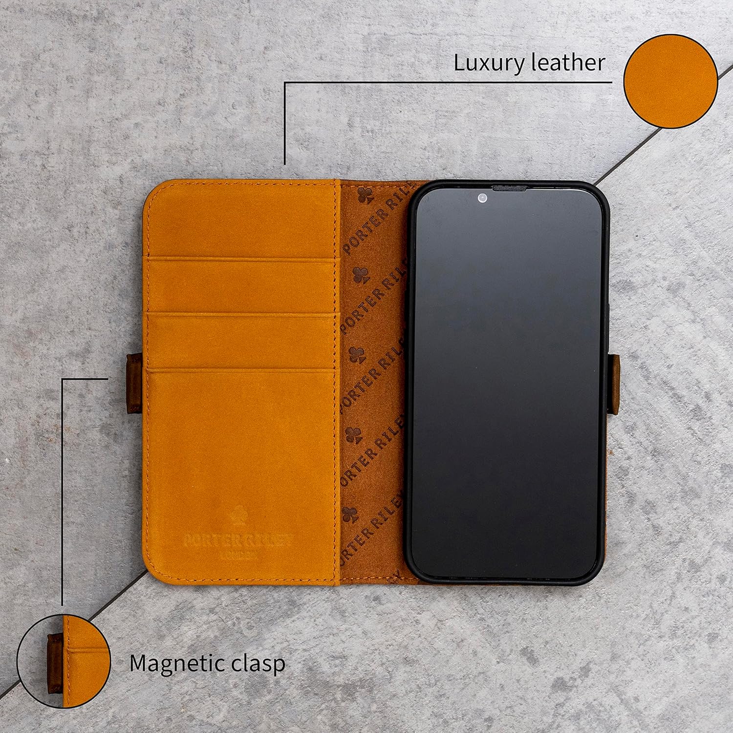 Porter Riley - Leather Case Compatible with iPhone 16 Pro Max. Premium Genuine Nubuck Leather Book/Wallet/Book Case with Card Slots and Horizontal Stand (Brown, Tan) - Image 3