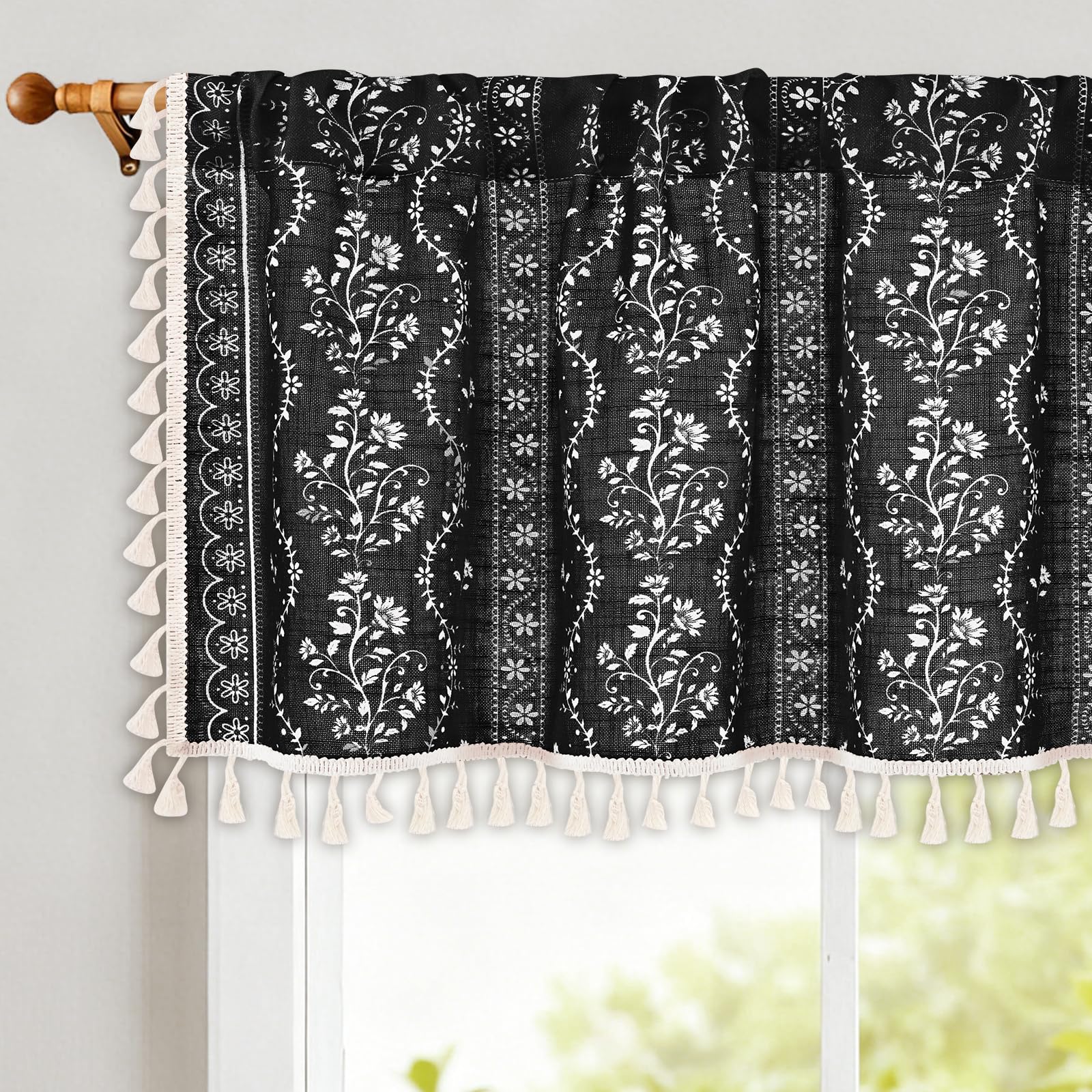Yinhua Boho Valance Curtains Vintage Linen Kitchen Valances for Windows Light Filtering Bohemian Floral Valance Rod Pocket Tassel Window Valances for Bathroom Cafe, 52" W X 18" L, Black