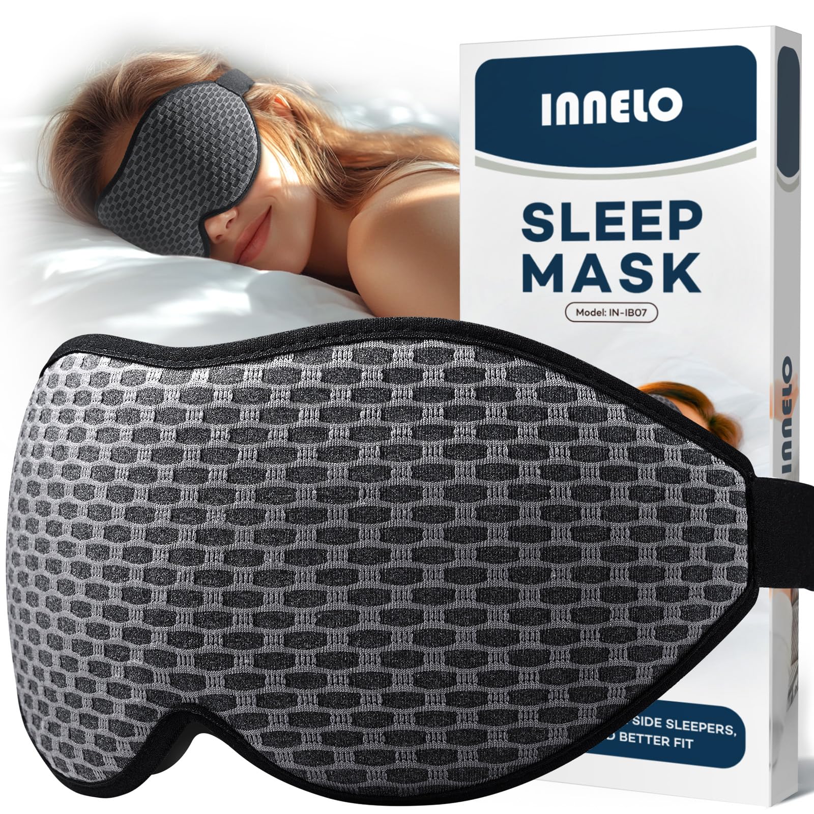 INNELO 3D Schlafmaske für Herren Frauen, 2025 Seiten Verbesserte Augenmaske für Seitenschläfer, 100％ Lichtblockierende Ergonomische Schlafbrille,mit Bequeme Drucklos-Augenhöhlen für Reisen, Grau