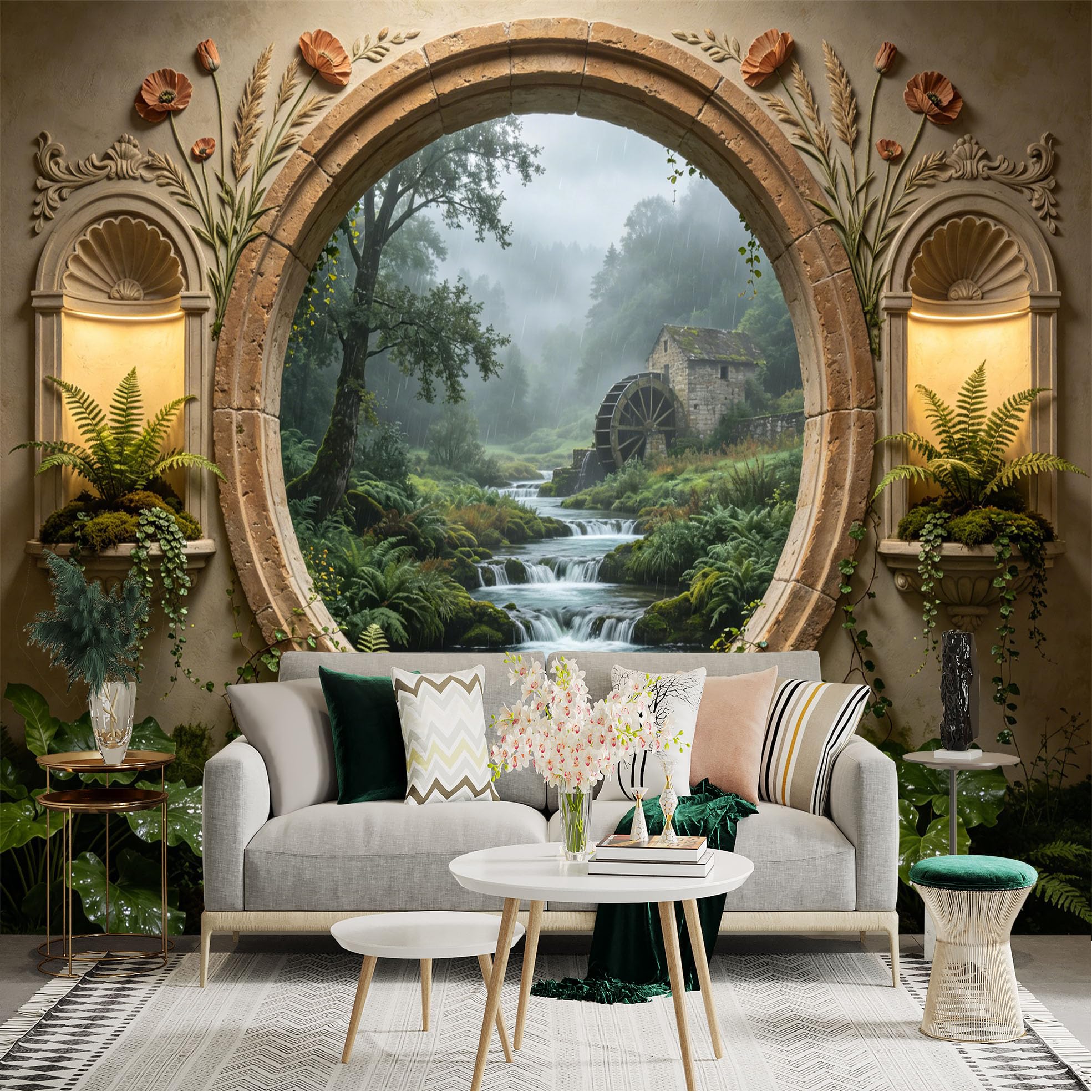Custom Size Wall Sticker Mural， Watermill by Forest River with Stone Arch Window and Greenery， for wall Decoration， peelandstick wall Decals.
