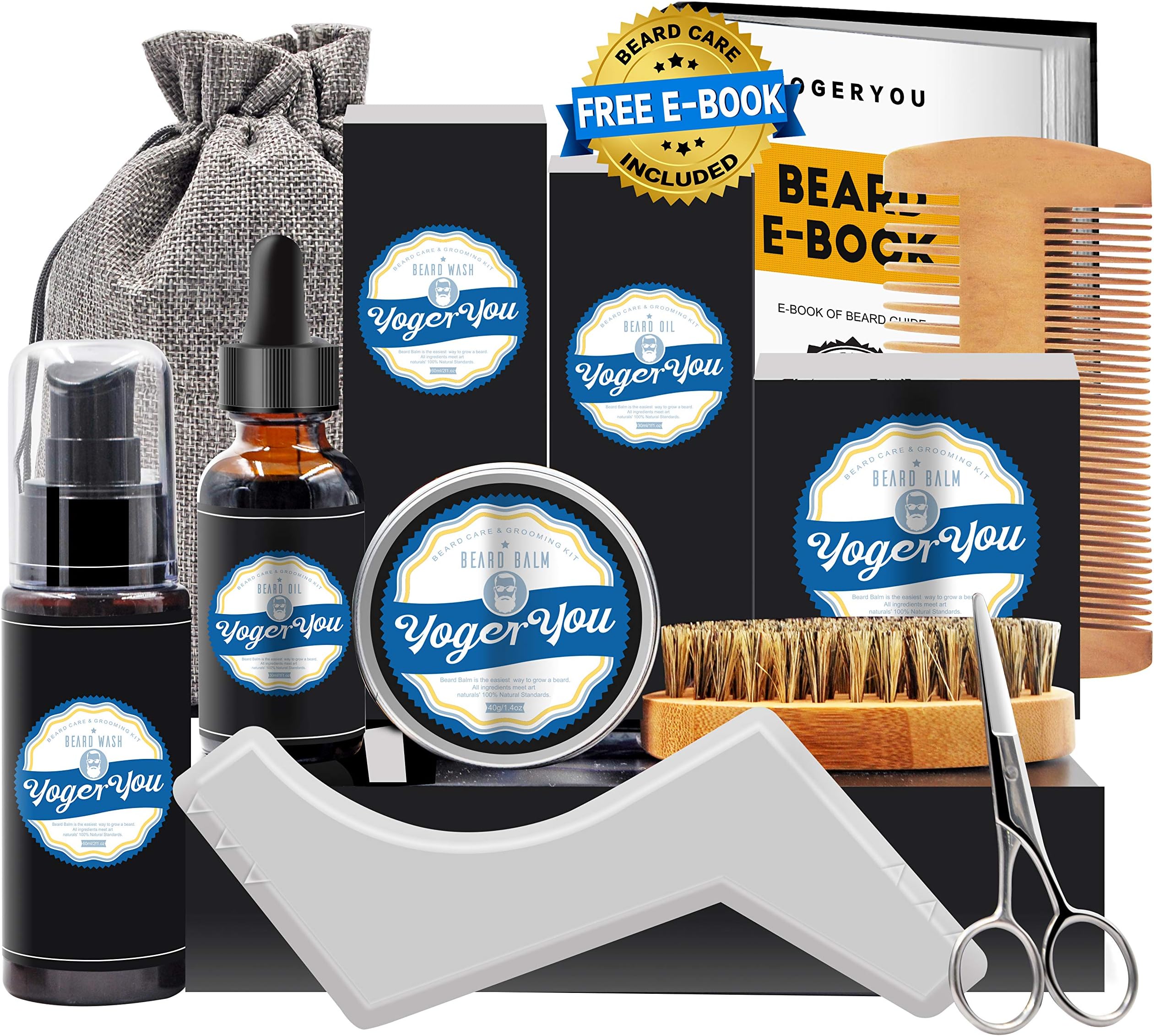 Upgraded Beard Grooming Kit w/Free Beard Shampoo,Scented Beard Growth Oil,Beard Balm,Barber Beard Brush,Beard Comb,Beard Scissors Shaping Tool for Beard Care Trimming Unique Men Gift Set Products