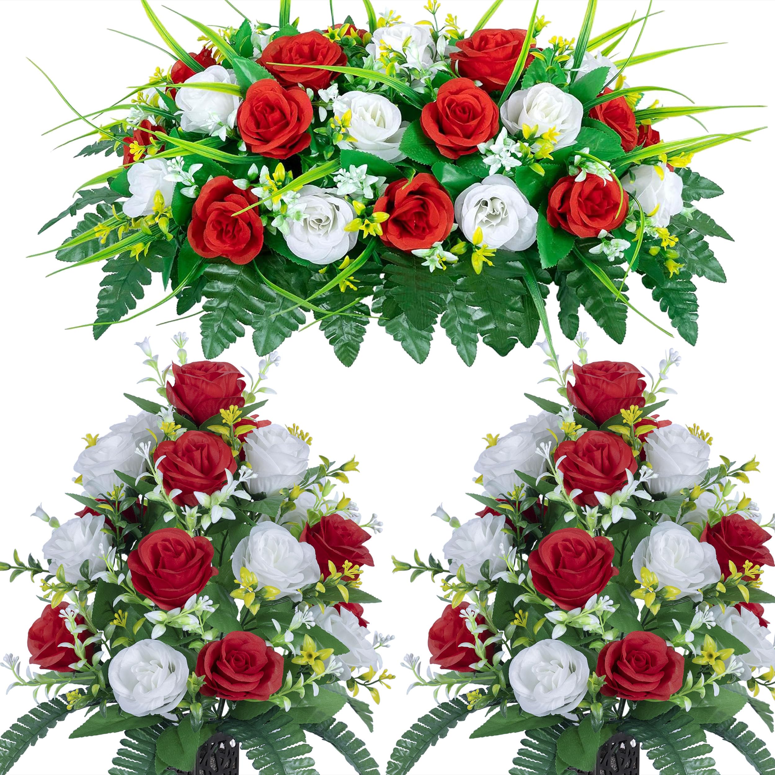 DONODA Cemetery Tombstone Red and White Saddle and 2 Sets of Artificial Cemetery Flowers Suit