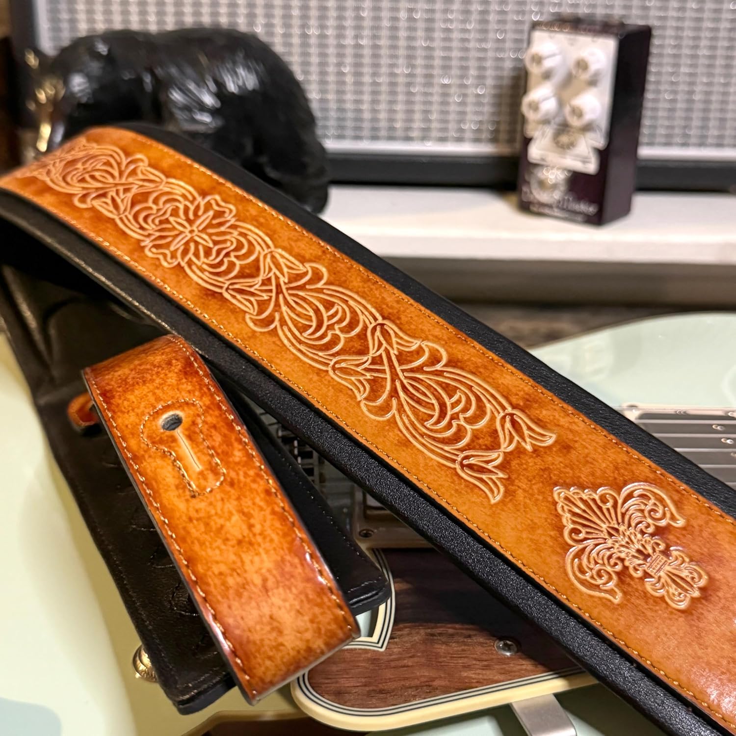 Walker And Williams GB-23 Handmade Vintage Finish Latigo Tan Padded Guitar Strap with Fleur De Lis & French Chain Design For Acoustic, Electric, And Bass Guitars