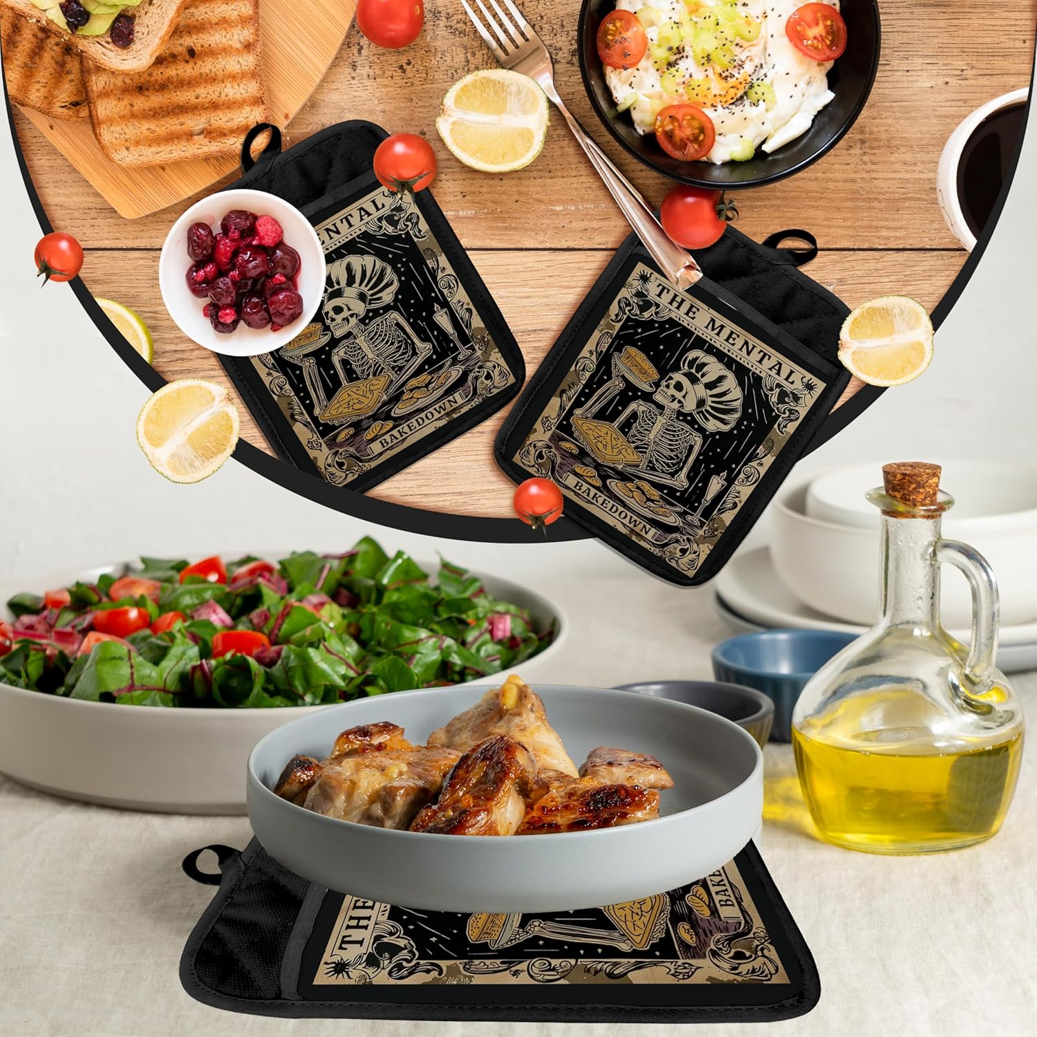 Gothic Skeleton Pot Holders with Pockets, Funny Baking Gifts Pot Holders Heat Resistant Oven Mitts Hot Pads for Kitchen Baking Cooking,Potholders for Kitchens - Image 6