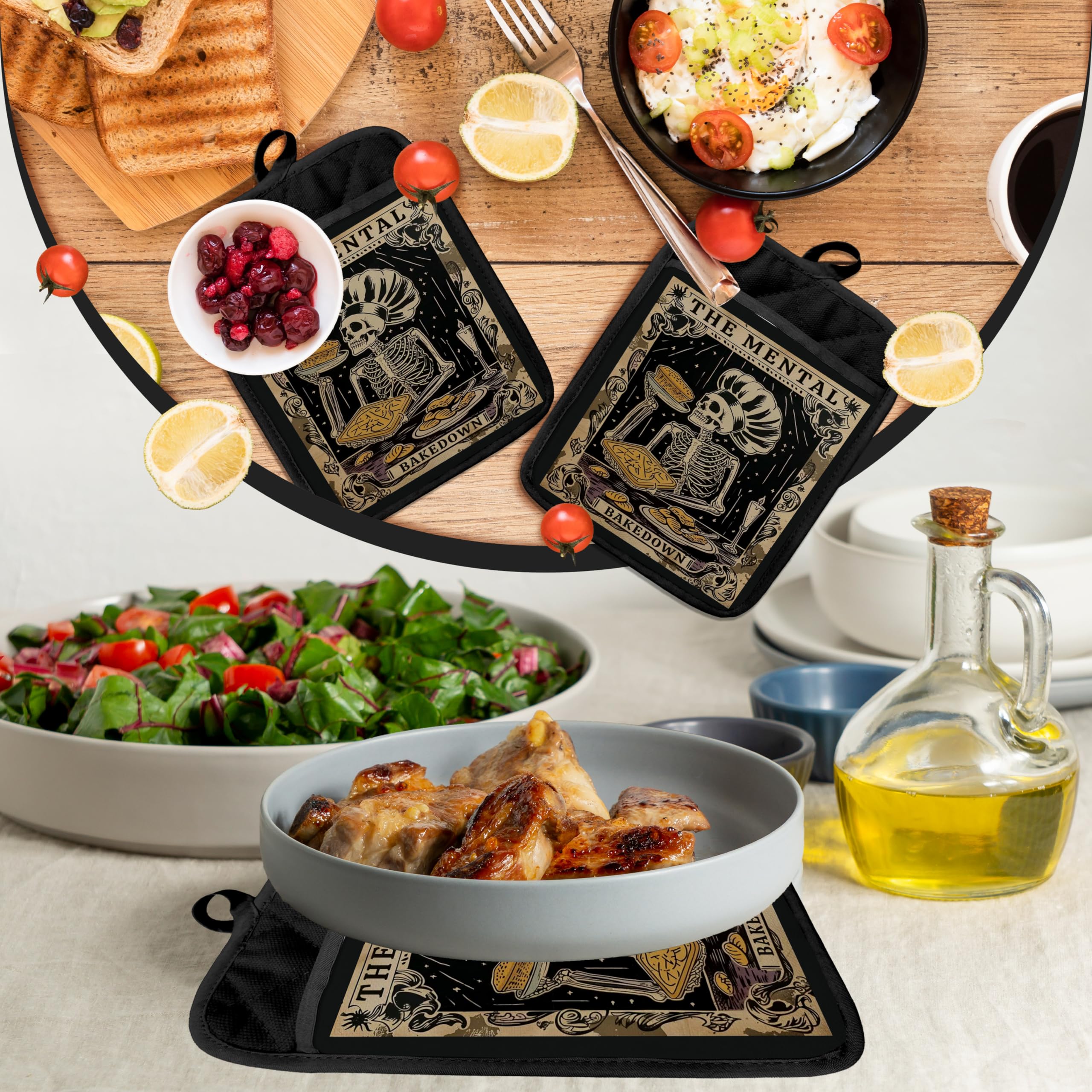 Topflappen im Gothic-Skelett-Stil mit Taschen, lustige Backgeschenke, Topflappen, hitzebeständige Ofenhandschuhe, heiße Pads für Küche, Backen, Kochen, 406 Topflappen