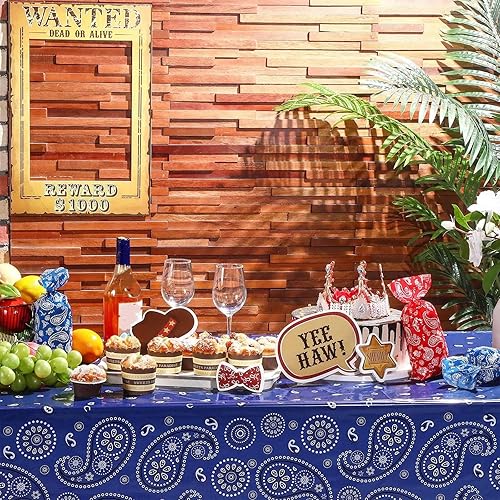 Miniatura 5 de Mantel rectangular de plástico con estampado de cachemira para fiestas temáticas de vaquero occidental, 108 x 54 pulgadas (6, azul)