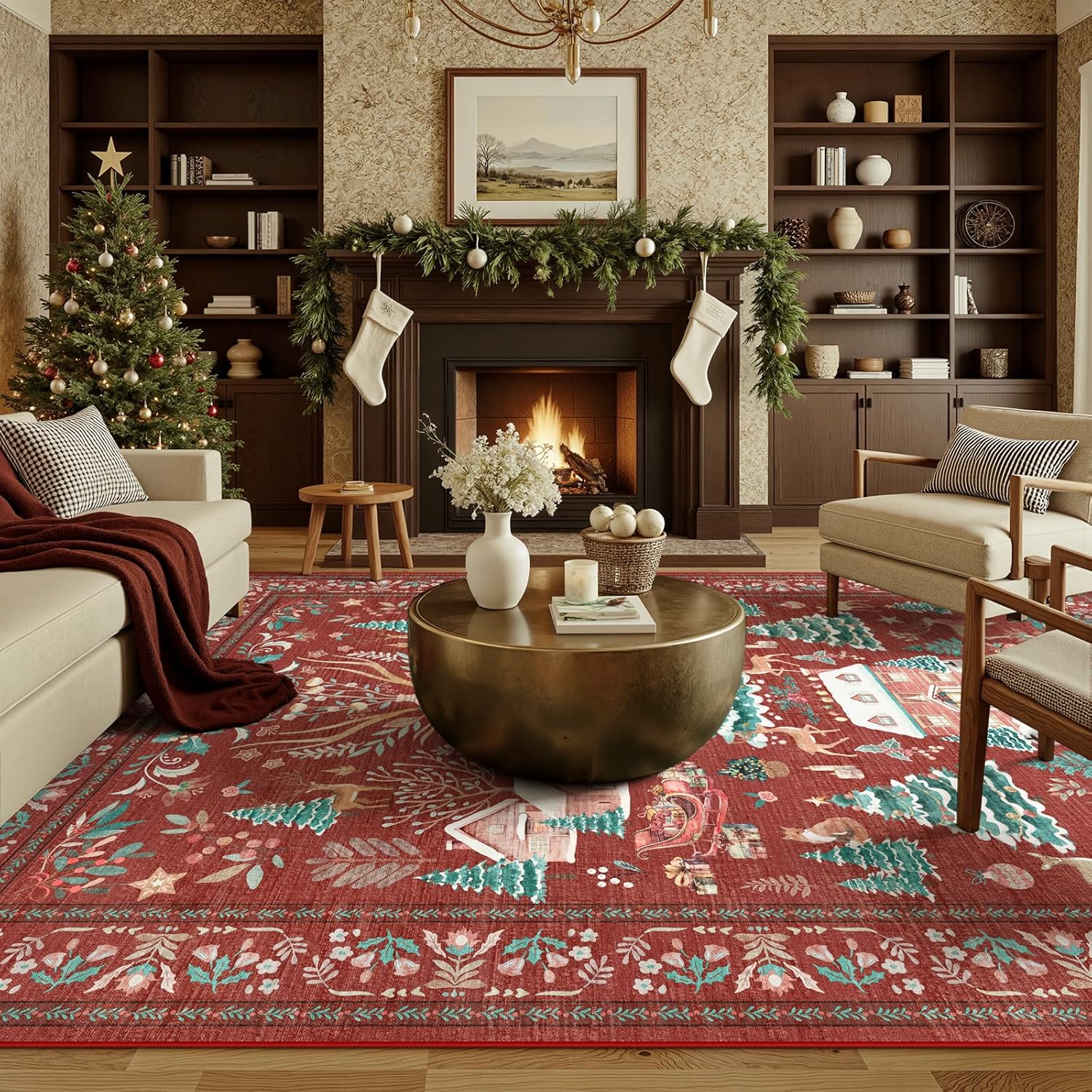 Christmas Rugs for Living Room 5x7, Washable Vintage Red Christmas Tree Rug, Non-Slip Soft Holiday Rug Indoor Carpet for Bedroom Dining Room Entryway Home Office