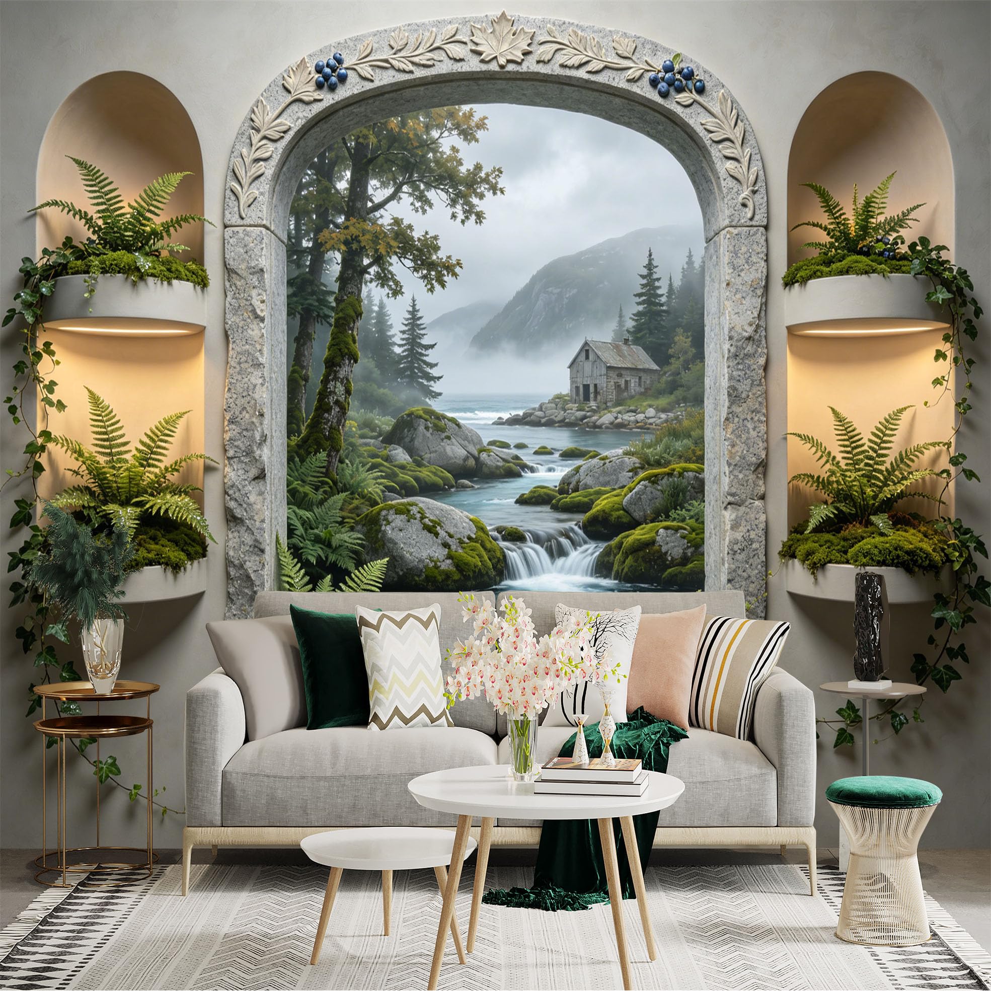 Custom Size Wall Sticker Mural， Misty Mountain River with Cabin， Waterfall and Green Ferns， for wall Decoration， peelandstick wall Decals.
