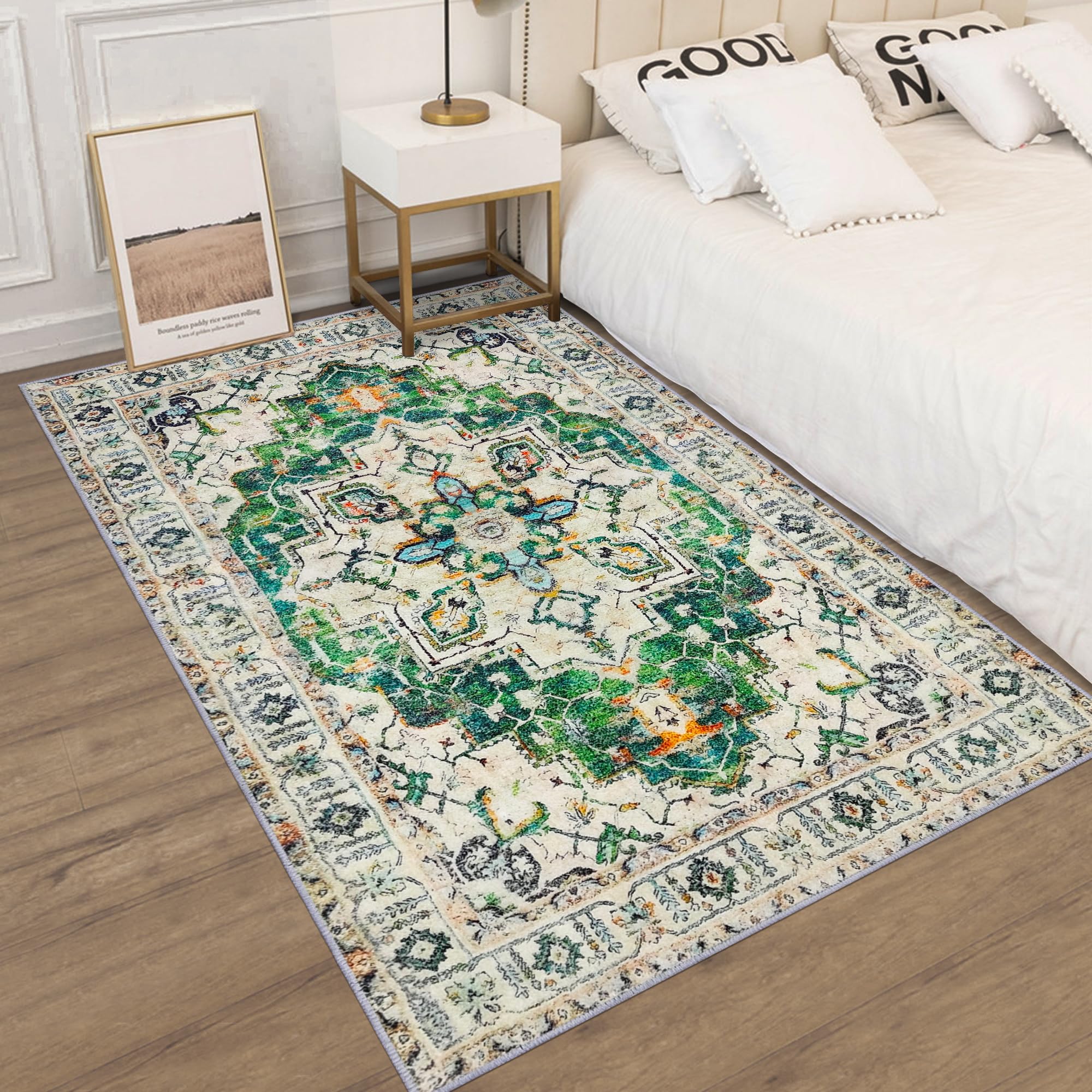 3 x 5 Sage Green Rug Thin Vintage Boho Rug Machine Washable Large Area Rug Non Slip Carpet for Living Room Bedroom Dining Room Home Kitchen Office