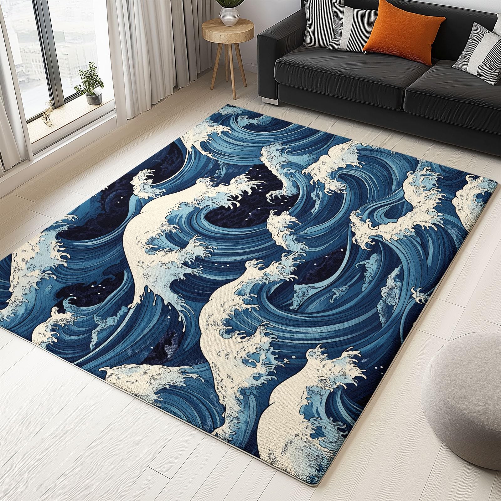 Tapis Poils Ras Motif Vagues À La Japonaise Tapis Salon Chambre Adulte Salle à Manger Bureau Tapis Imprimé à Poil Court Doux Fin Lavable 140 x 200 cm, Bleu Blanc