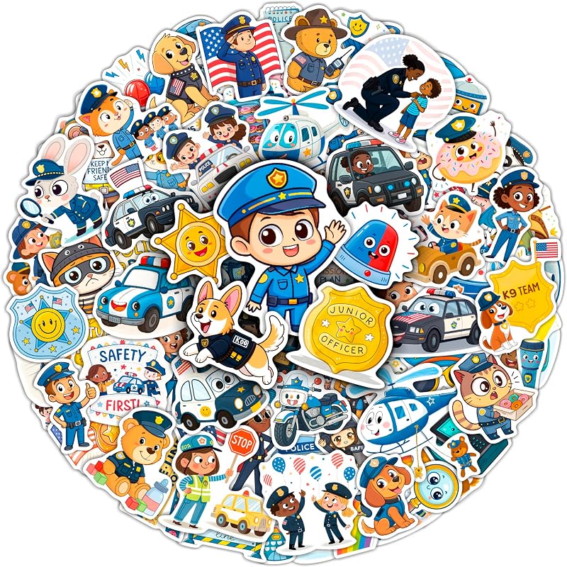 100Pcs Police Stickers Pack – Police Car & Policeman Vinyl Stickers for Laptops, Water Bottles & Notebooks