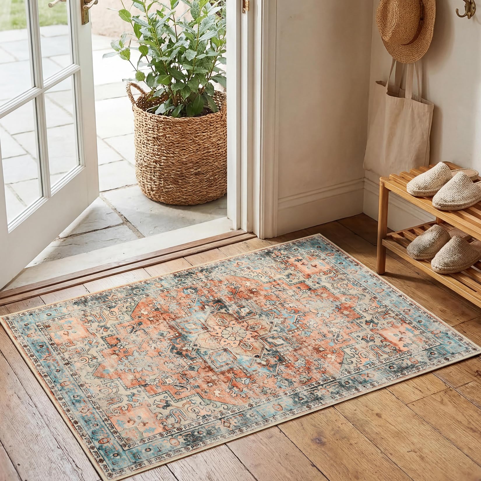FairyStyle Door Mat Indoor Rugs for Entryway 60x100cm Vintage Small Botanical Grove Cottagecore Washable Non-Slip Low-Pile Rug for Bedroom Kitchen Bathroom Entrance Terracotta Blue