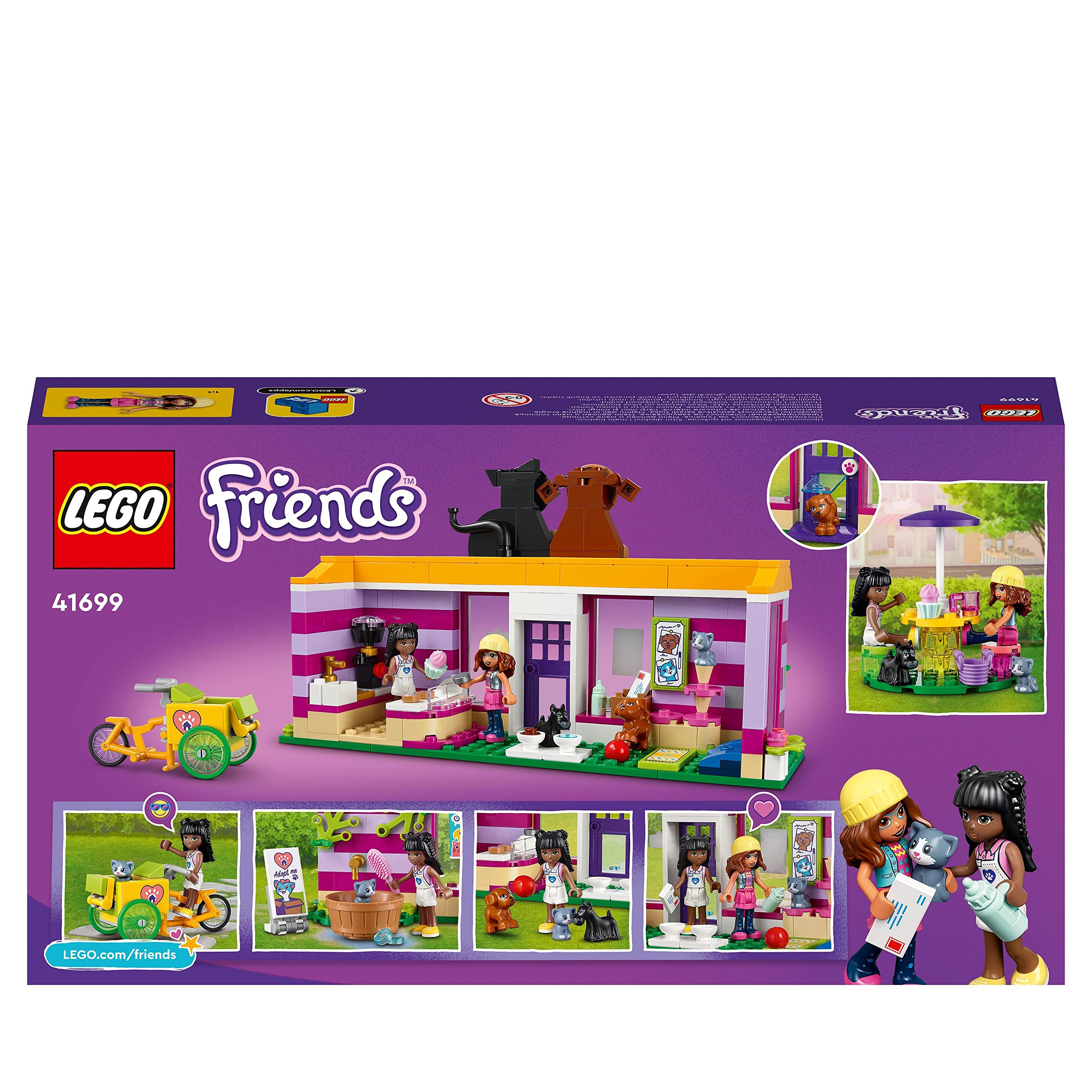 LEGO 41699 Friends Cafetería de Adopción de Mascotas, Casa de Muñecas y Animales de Andrea, Perritos y Gatito, Reyes Magos