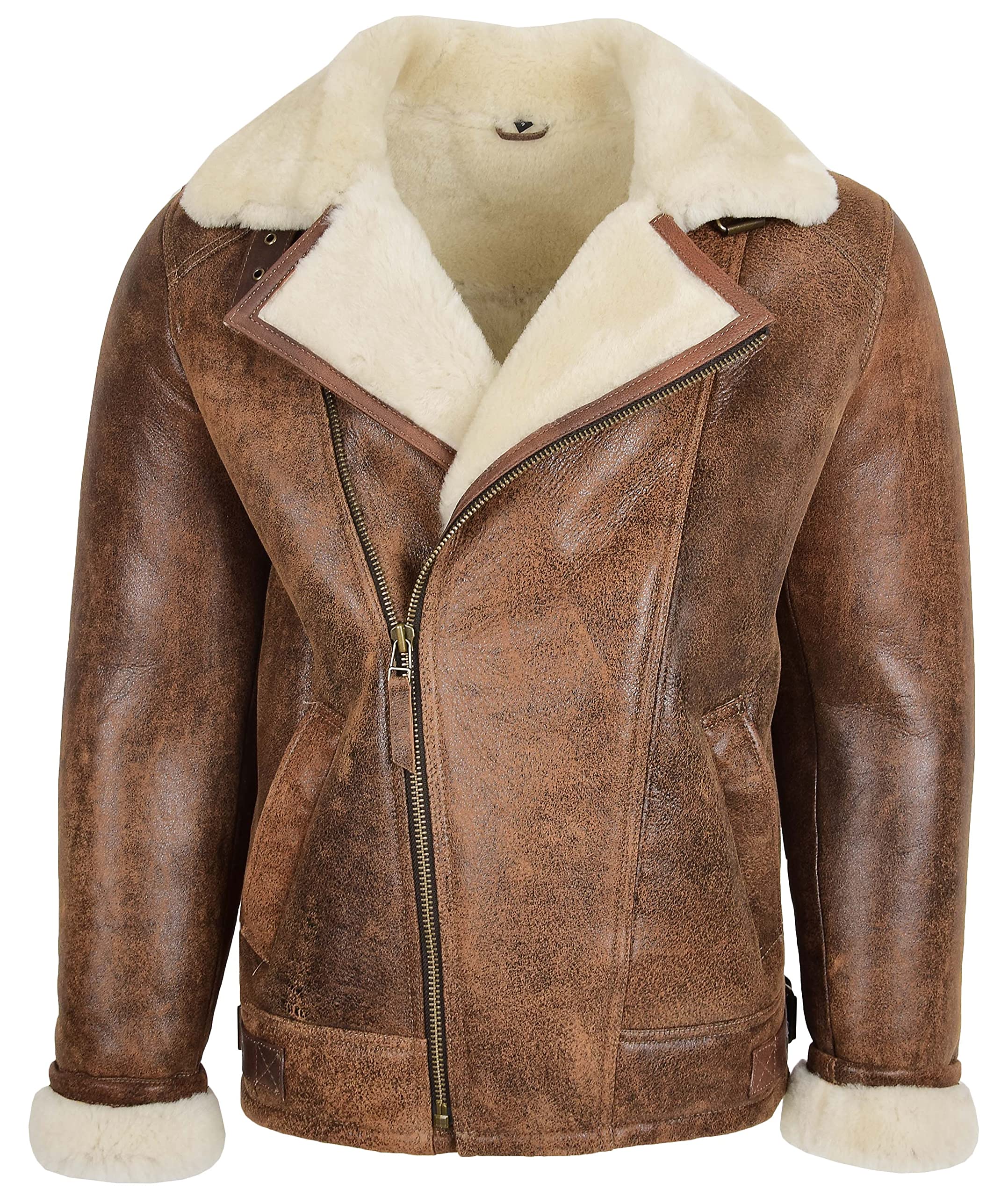 House Of Leather Mens Real Sheepskin Jacket Aviator Pilot Flying Style Cross Zip Blen (3XL, Antique Brown)