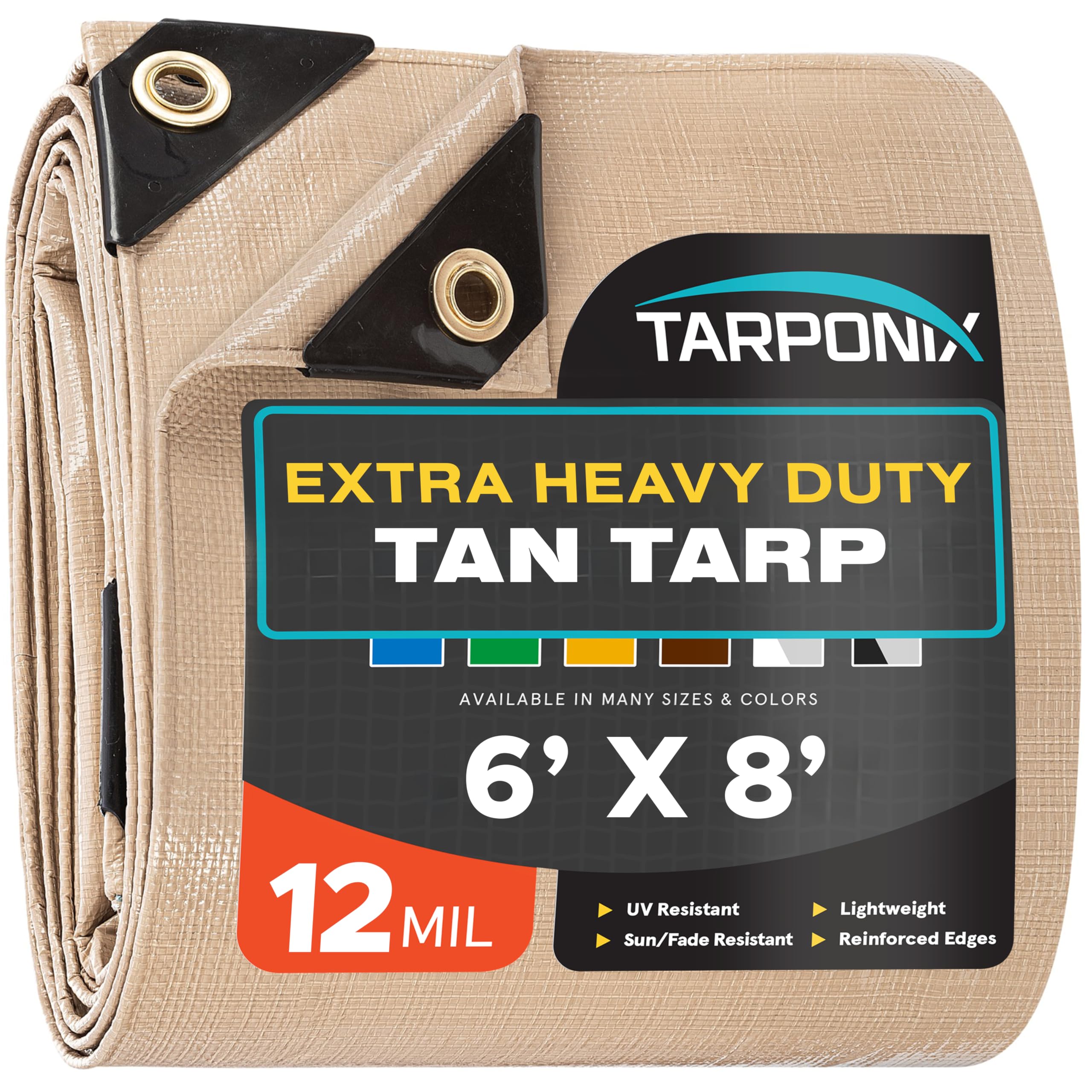 Tarponix 6' x 8' Extra Heavy-Duty Tan Poly Tarp – 12 Mil Thick, Waterproof, UV-Resistant Polyethylene with Reinforced Edges, Double-Stitched Hems, and Rustproof Grommets