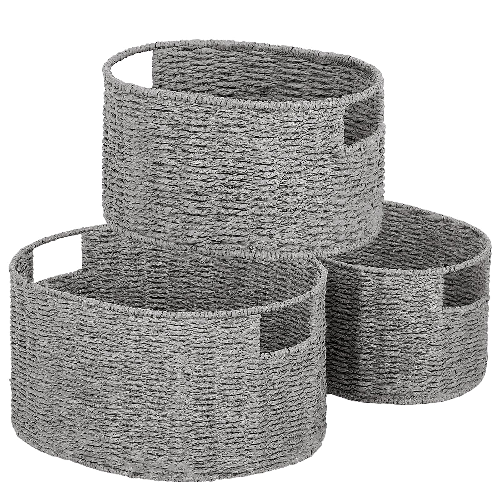 Vagusicc Wicker Storage Basket Set of 3, Round Paper Rope Storage Baskets with Handles, Hand-woven Storage Baskets for Shelves Closet Bathroom Bedroom Organizer, Grey โ image 1