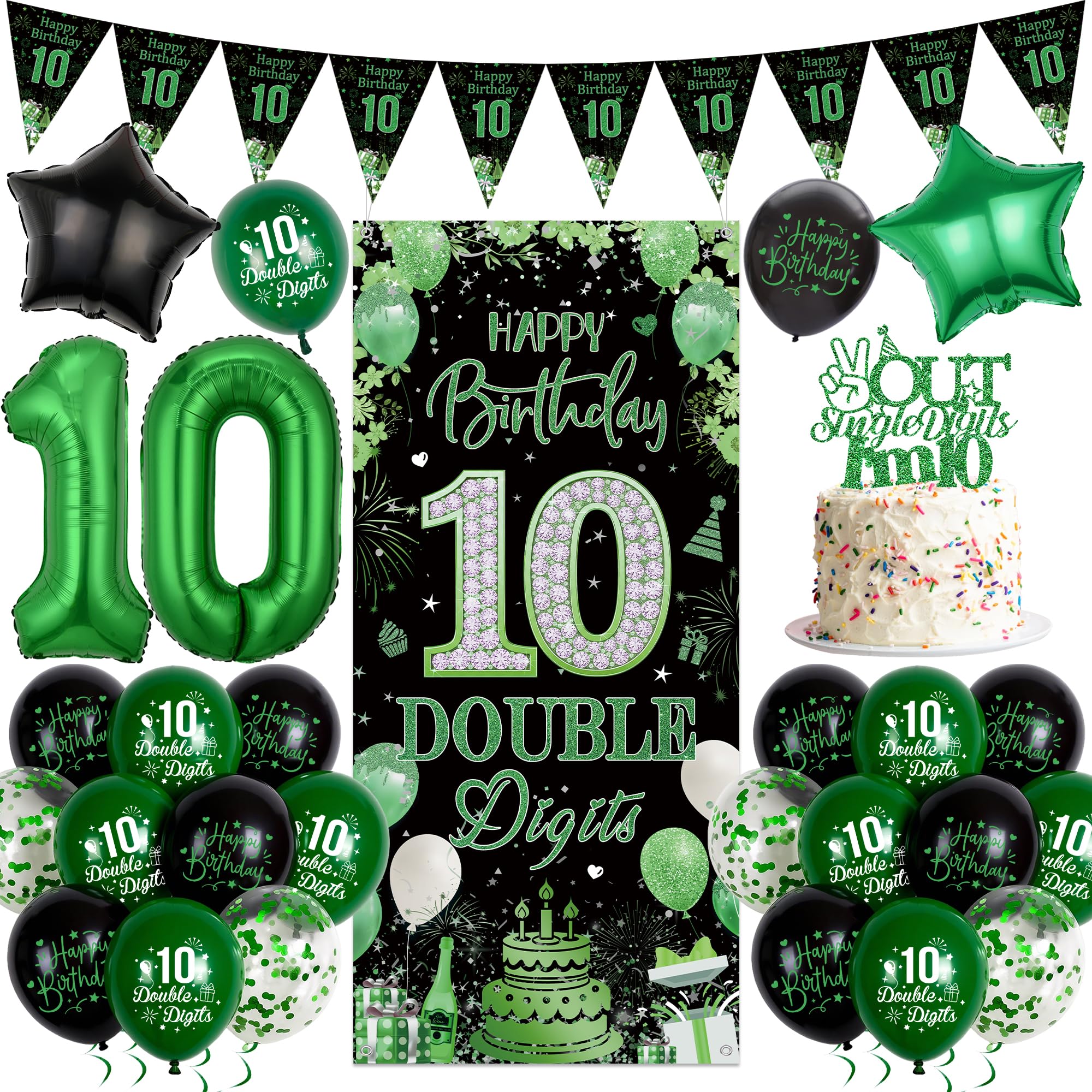10th Birthday Decorations for Boys Girls - Green Happy 10th Birthday Banner and Pennant Flags, Star Number 10 Foil Balloons and Cake Topper for 10 Years Old Children Party Supplies