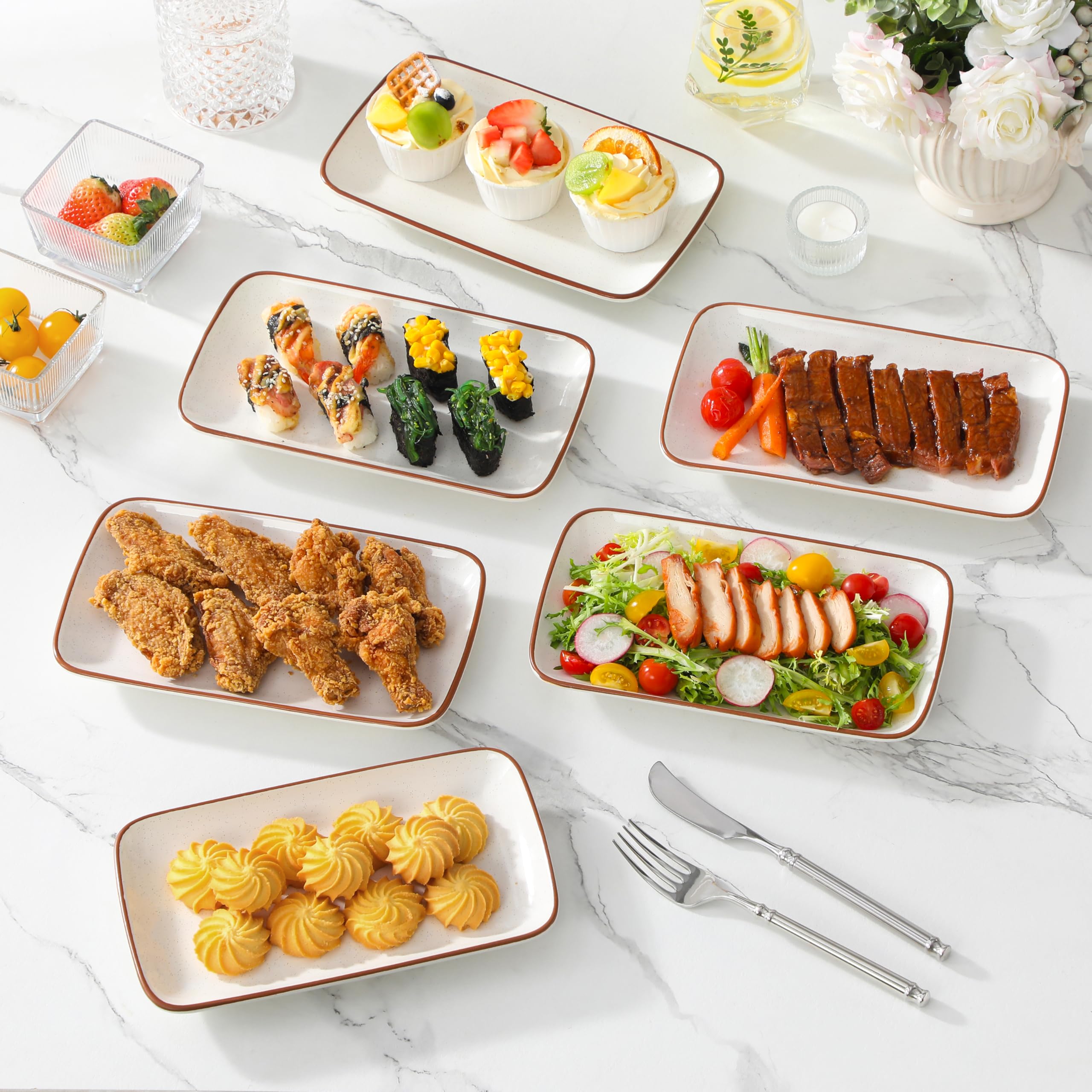 MALACASA Set di 6 piatti da portata rettangolari in porcellana da 24,1 cm, piatti da sushi, piatti per servire alimenti, dessert, lavastoviglie e microonde, serie Tara