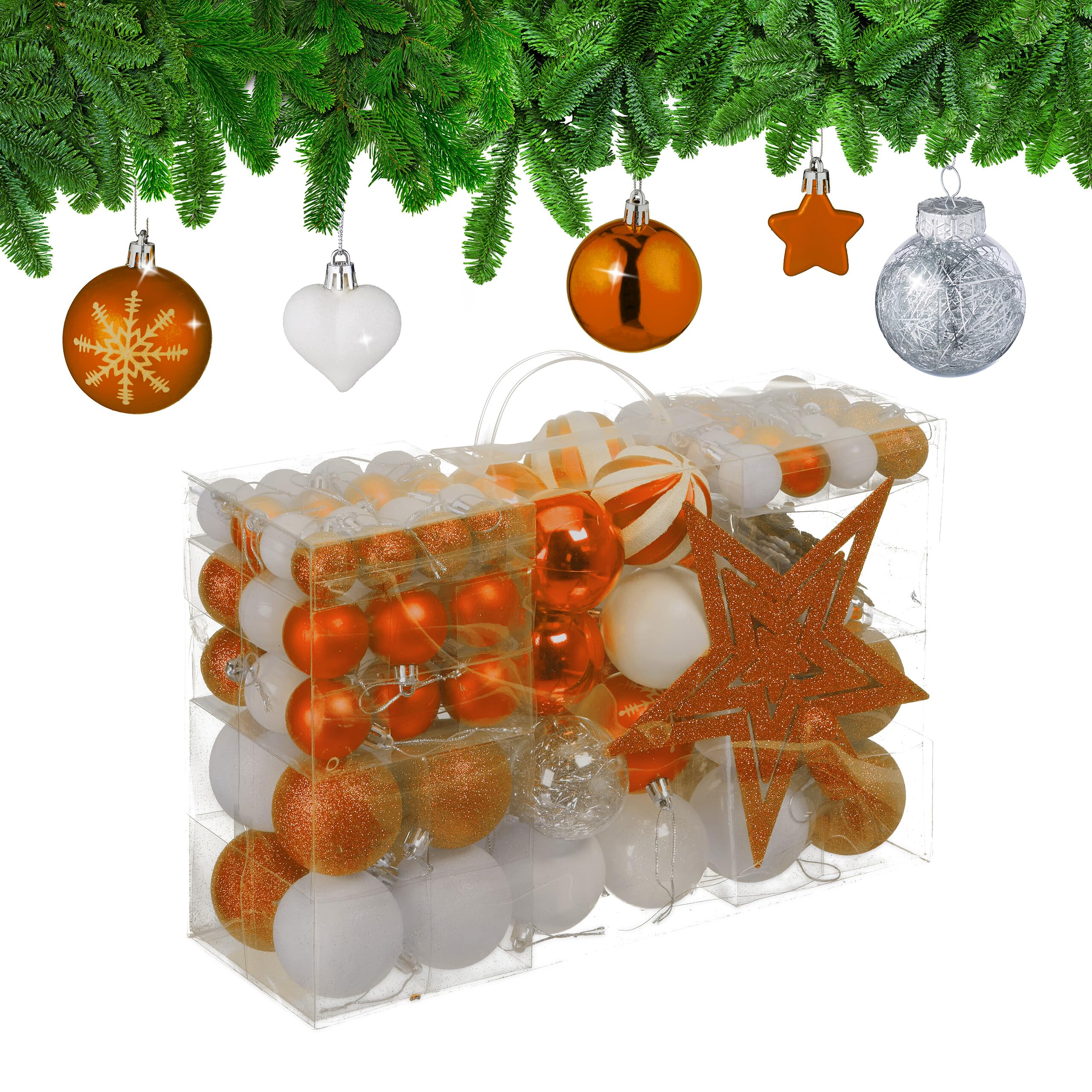 Relaxdays Christmas Ornaments, Set of 101, Glittering, Tree Decorations, Baubles & Stars, Plastic, Traditional, Orange