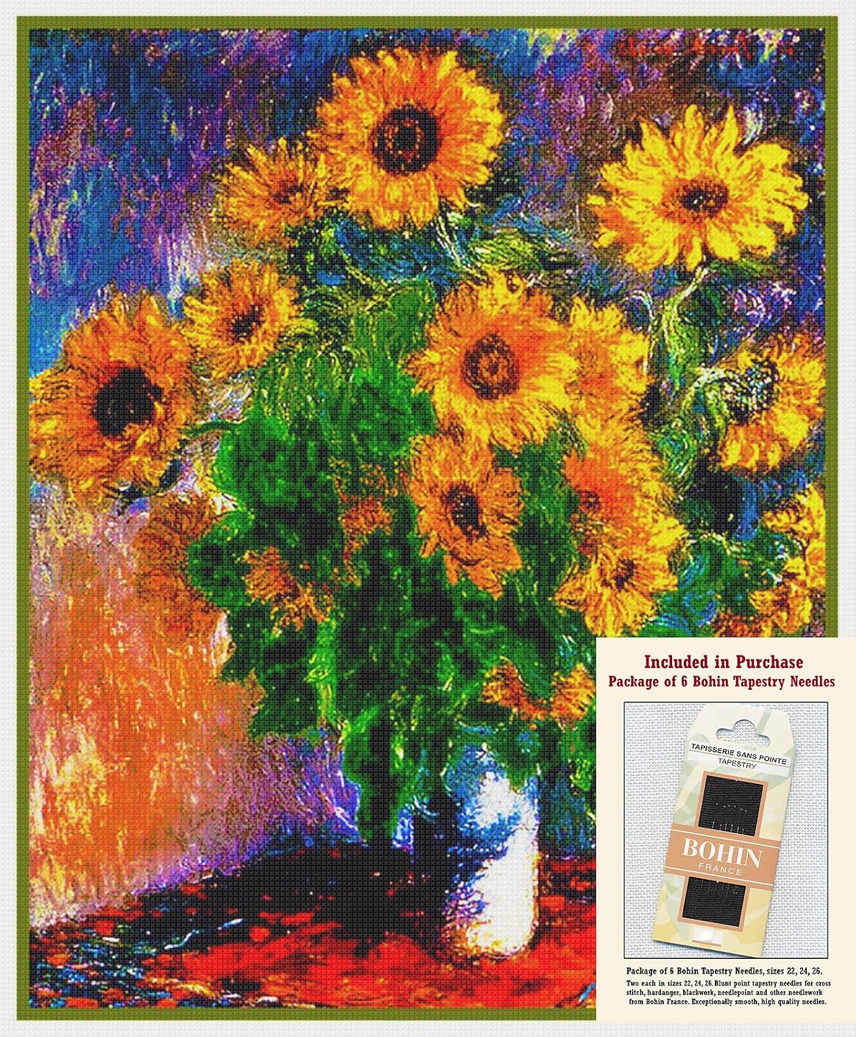 Orenco Originals Impressionist Monet Vase of Sunflowers Counted Cross Stitch Pattern with Needles
