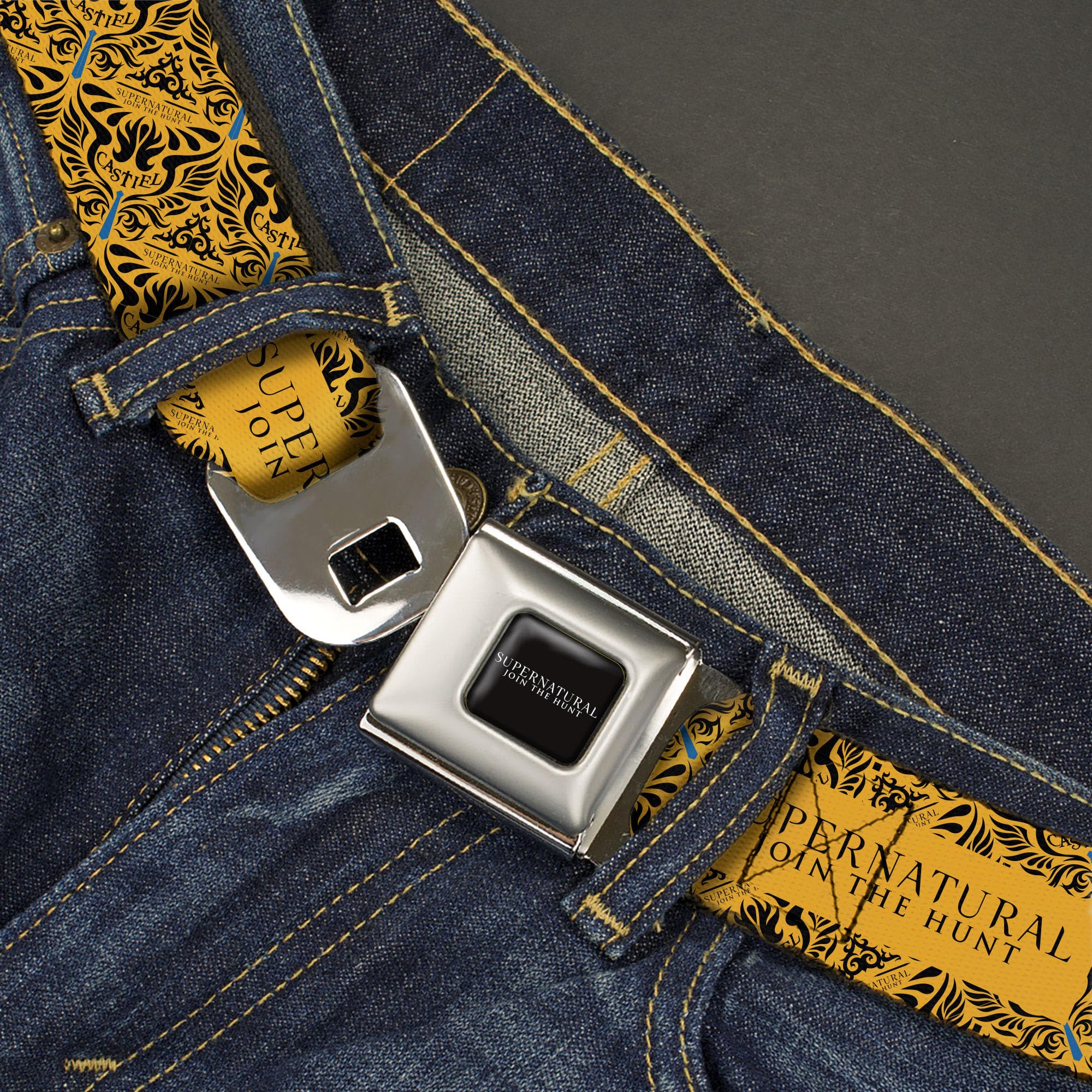 Supernatural Belt, Seatbelt Buckle Belt, Supernatural Join the Hunt Logo and Castiel Wings Yellow, Youth 20 to 36 Inches